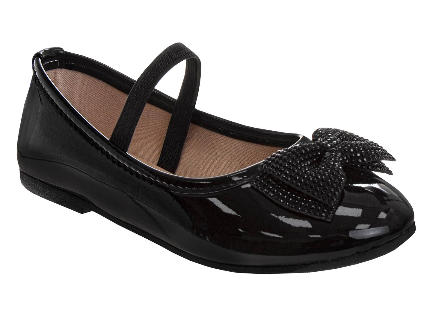 Black patent leather shoe with a bow on a white background
