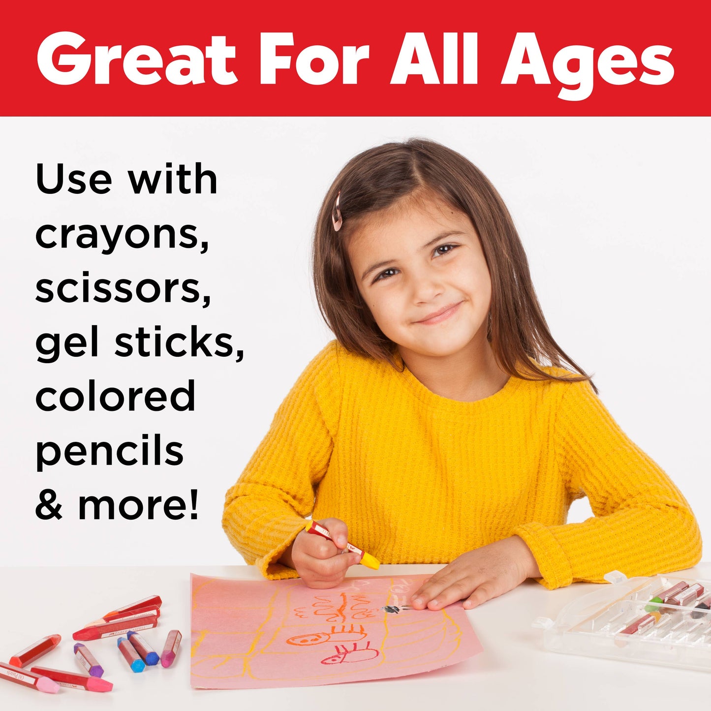 Child in yellow sweater using art supplies with text 'Great For All Ages' and list of items.