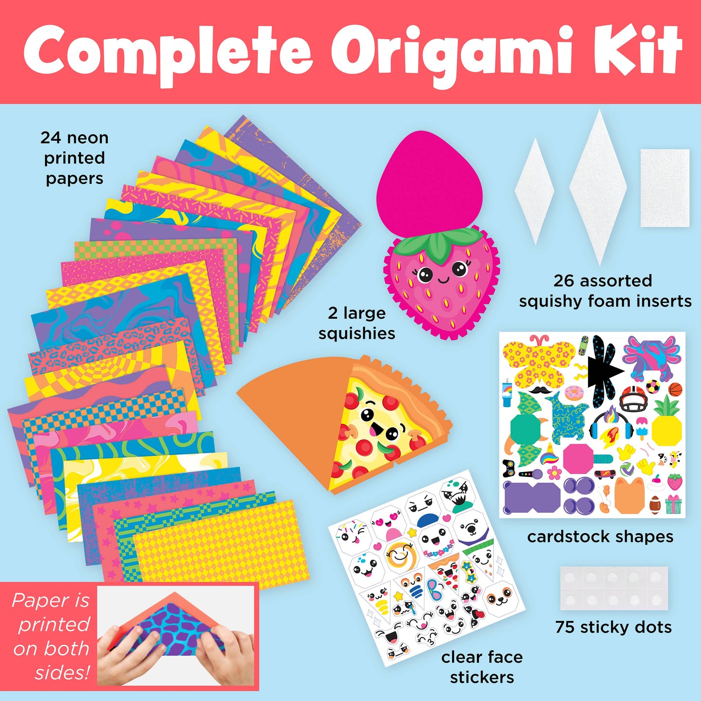 Complete origami kit with colorful papers, squishies, foam inserts, and stickers on a blue background.