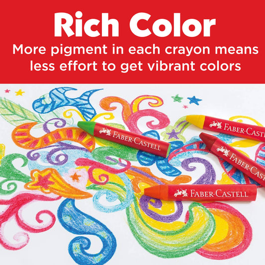 Faber-Castell crayons with colorful artwork on a red background