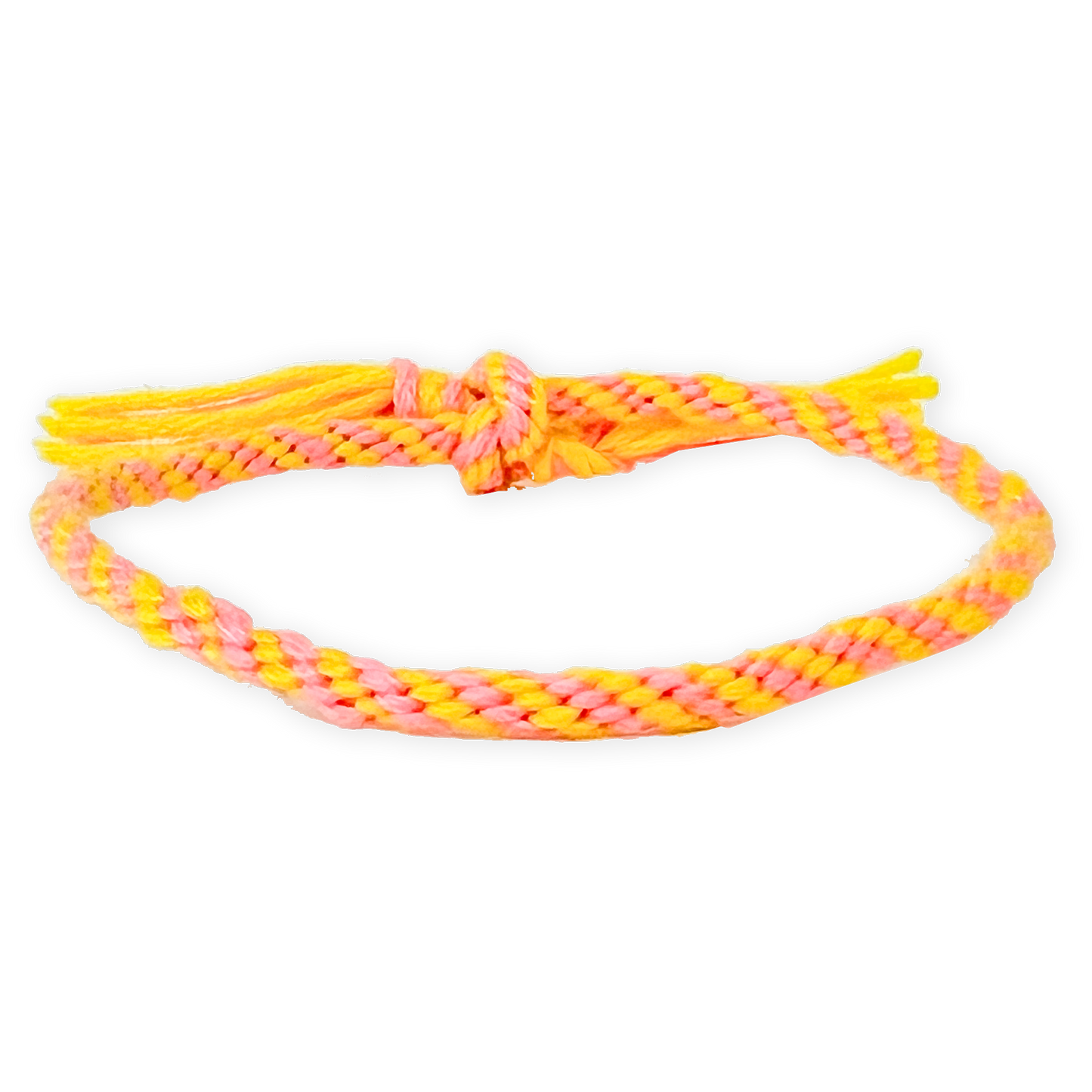 Neon pink and yellow braided bracelet on a white background