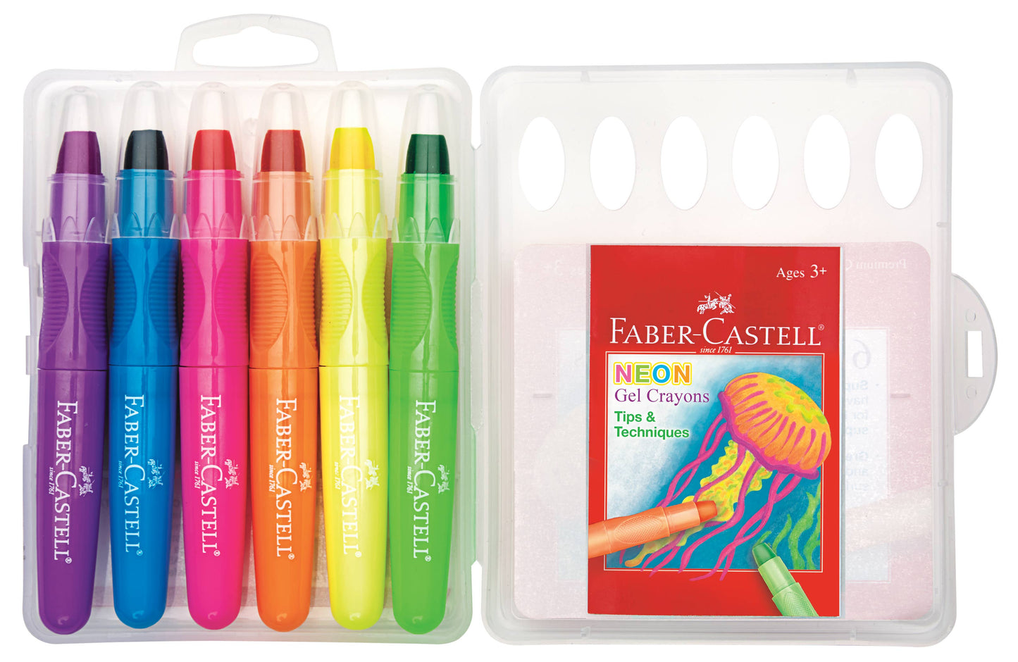 Set of Faber-Castell neon gel crayons in a clear case on a white background