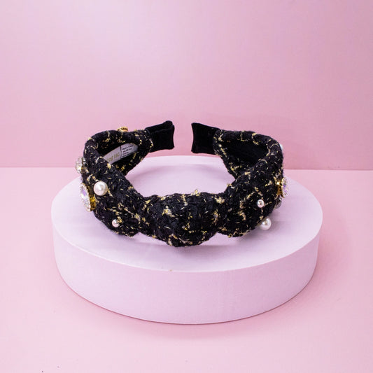 Frog Sac - Embellished Knot Headband - Tweed Rhinestone Pearl