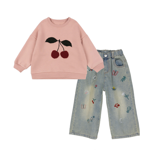 Joe's Jeans Girls Cherry Sweatshirt and Wide Leg Jeans Set