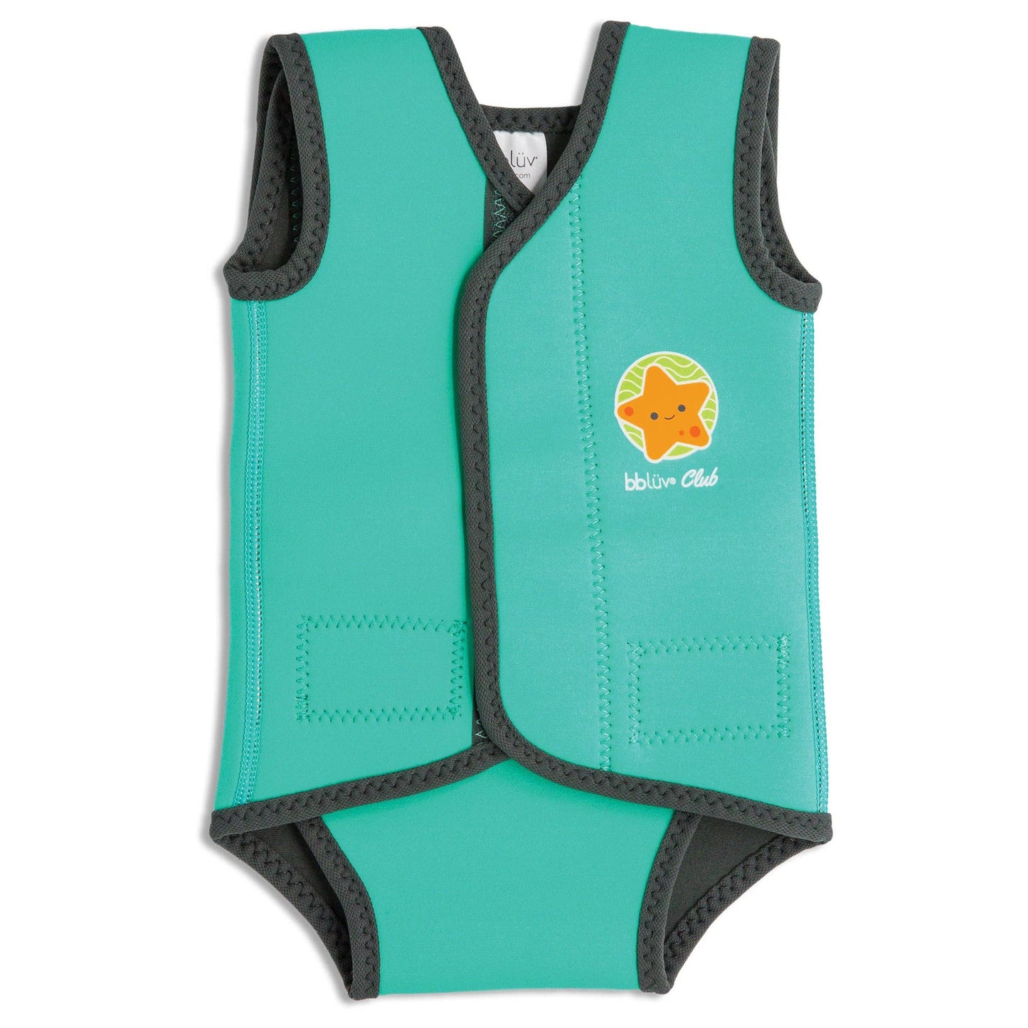 Teal baby romper with a starfish design and 'Bbluv Club' logo on a white background