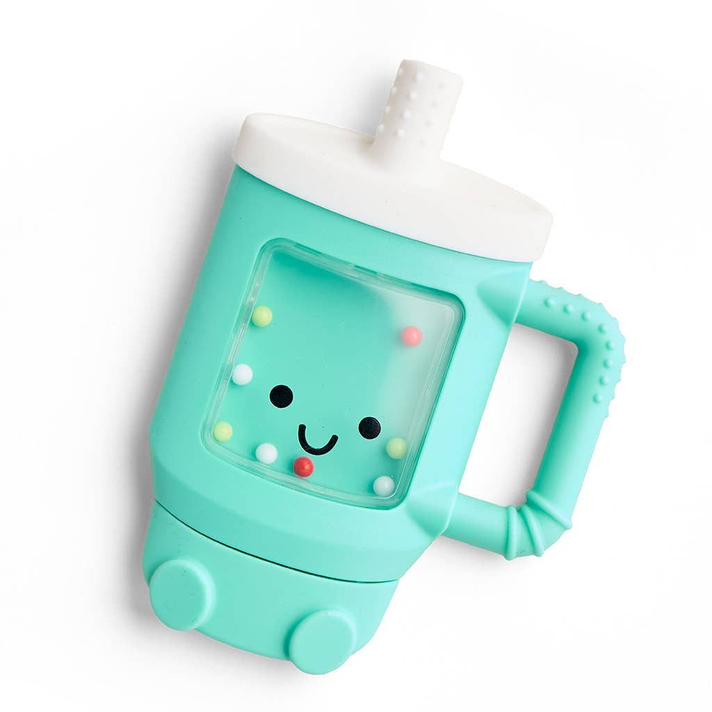Teal children's teether with a smiley face design on a white background
