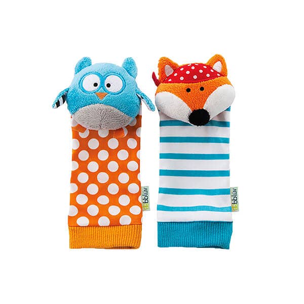 Two colorful animal-themed socks, one with an owl design and the other with a fox design, on a white background.