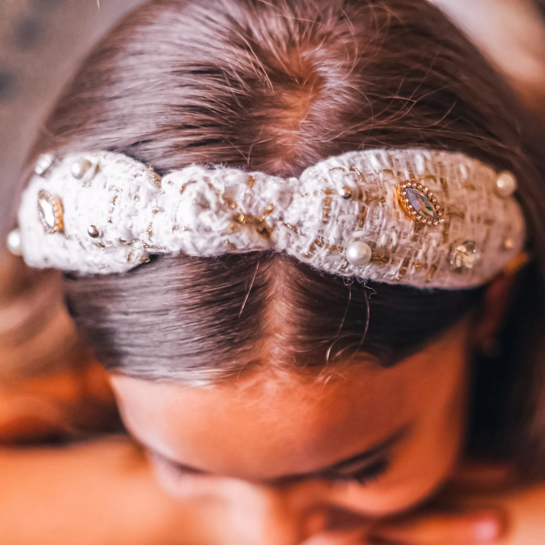 Frog Sac - Embellished Knot Headband - Tweed Rhinestone Pearl