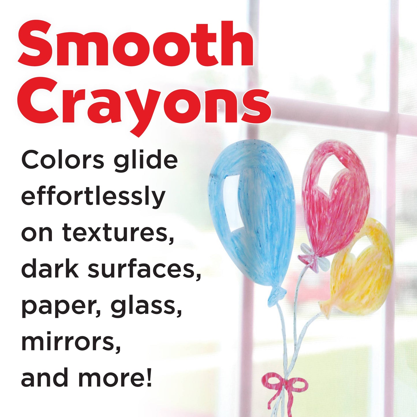 Advertisement for 'Smooth Crayons' with colorful balloons on a textured surface.