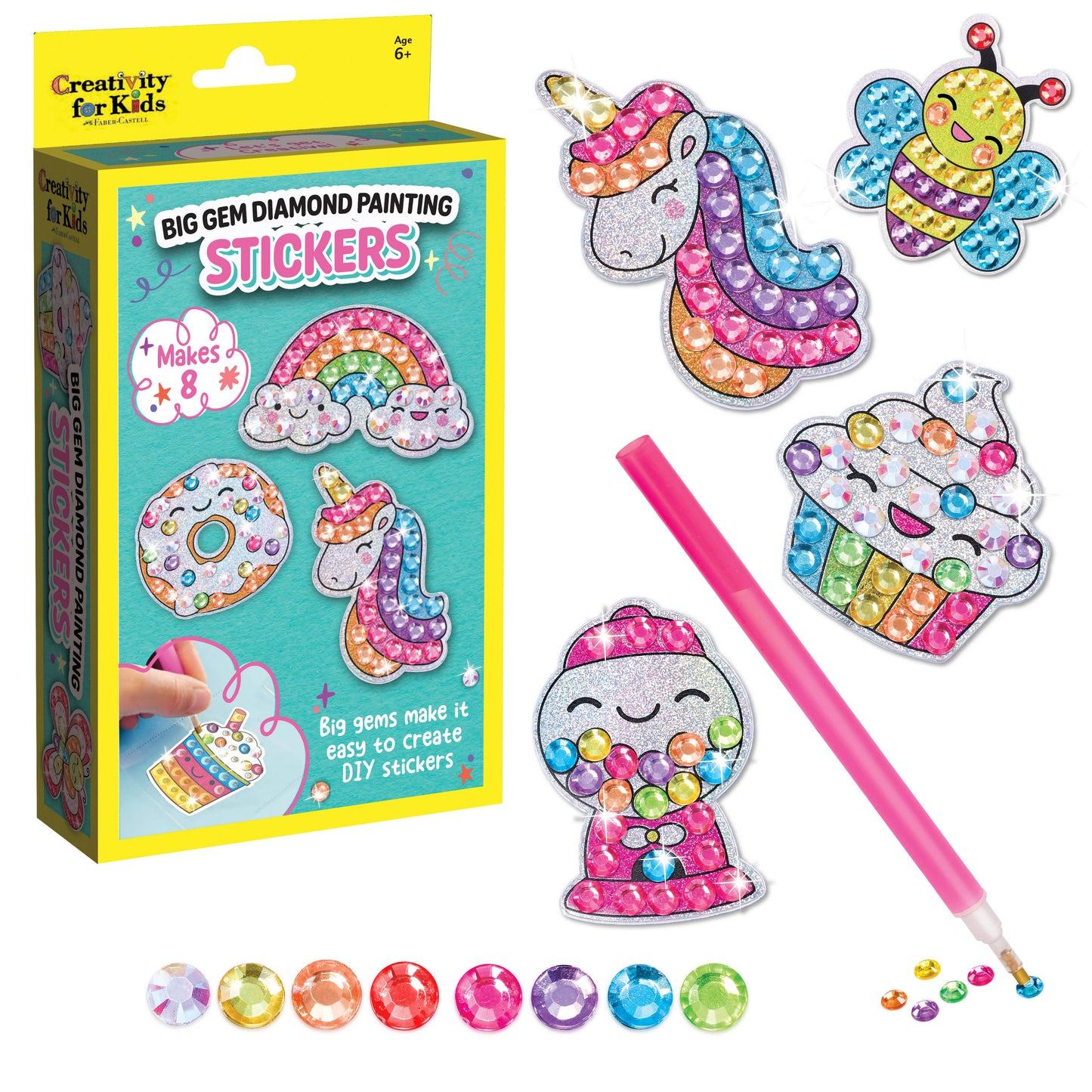 Big Gem Diamond Painting Stickers set with box, stickers, and a pencil on a white background