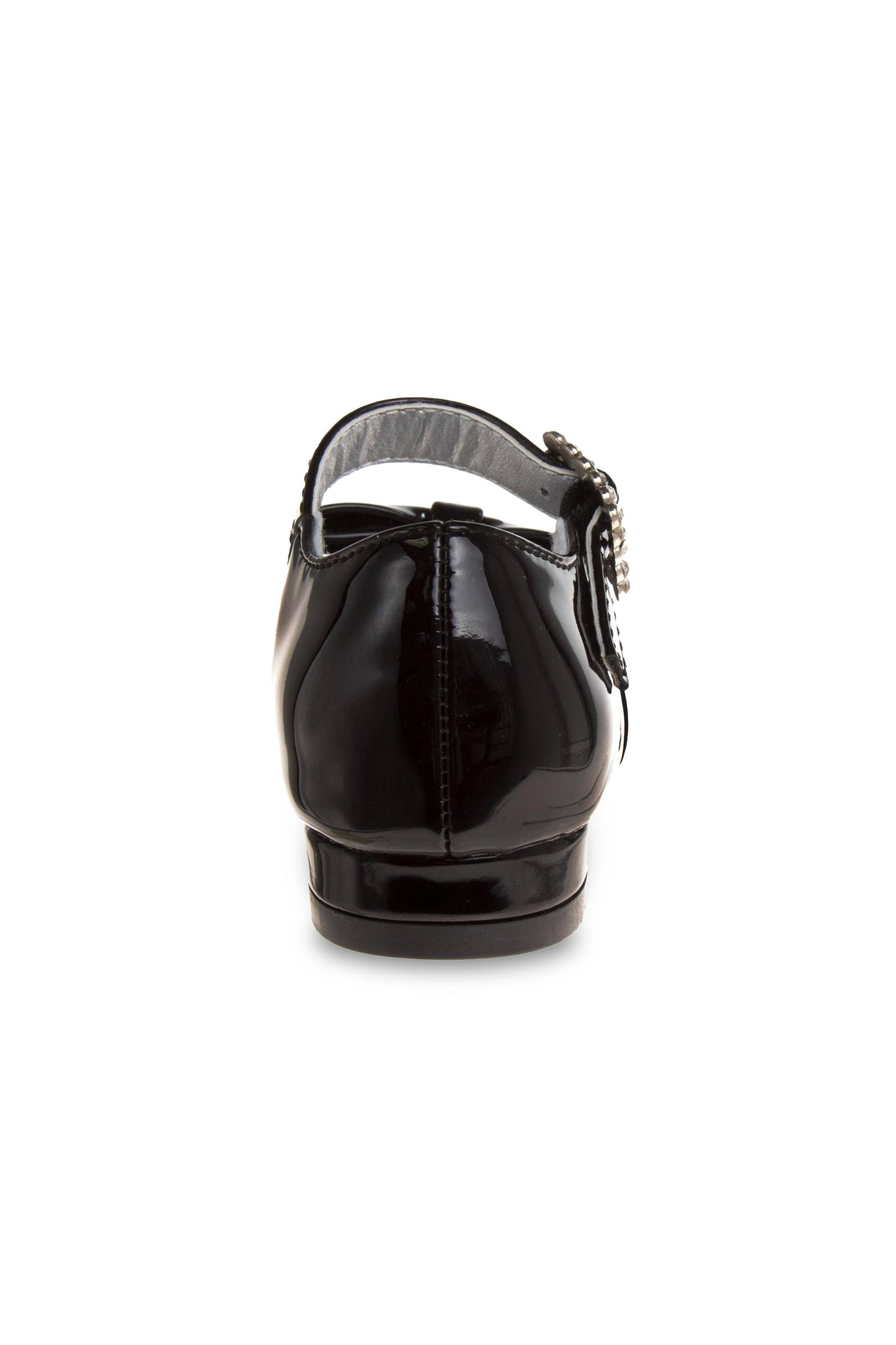 Black patent leather shoe on a white background