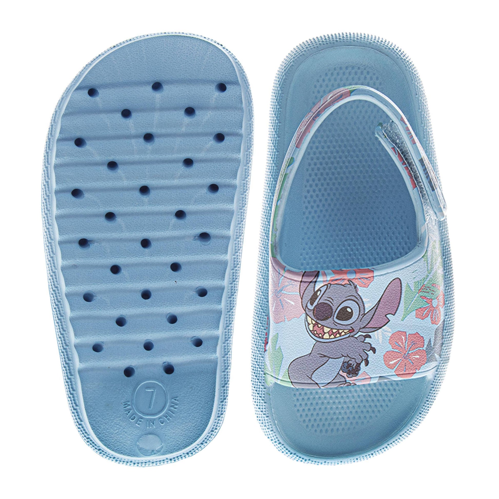 Blue sandal with cartoon character design on a white background