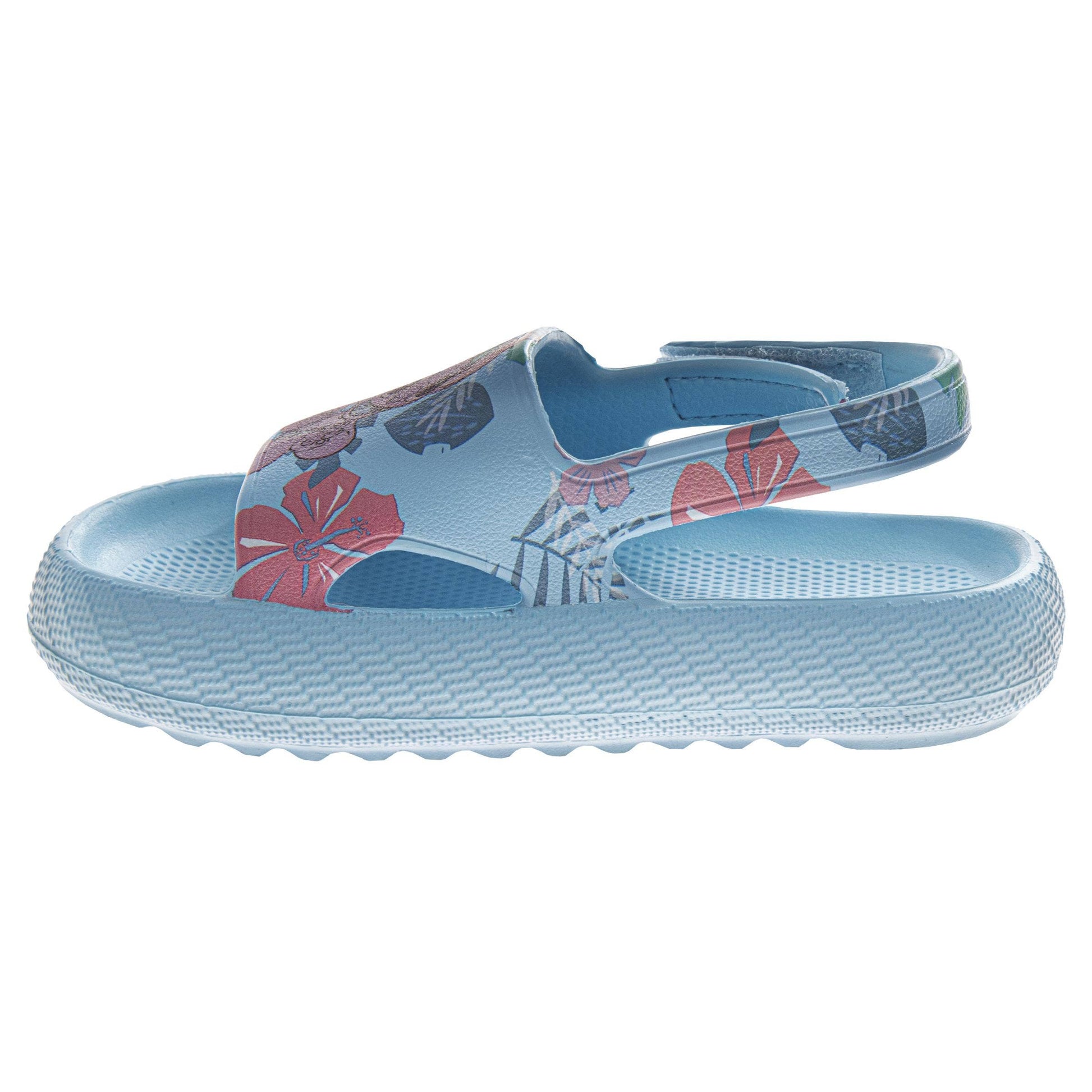 Blue sandal with floral design on a white background
