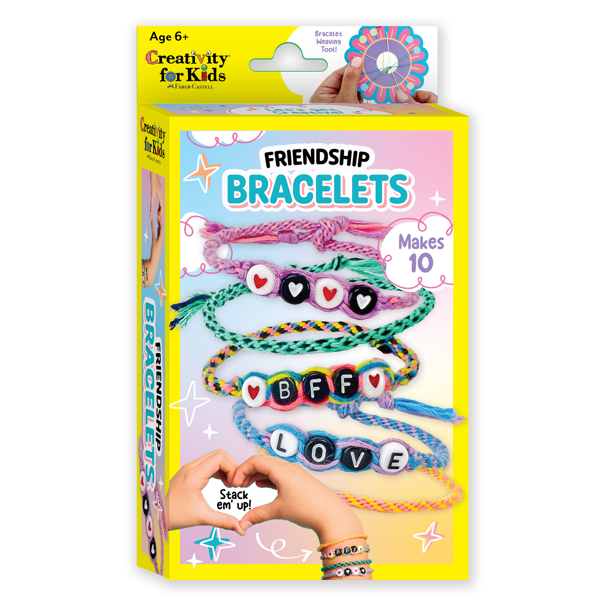 Box of 'Creativity for Kids' Friendship Bracelets craft kit with colorful bracelets on a white background.