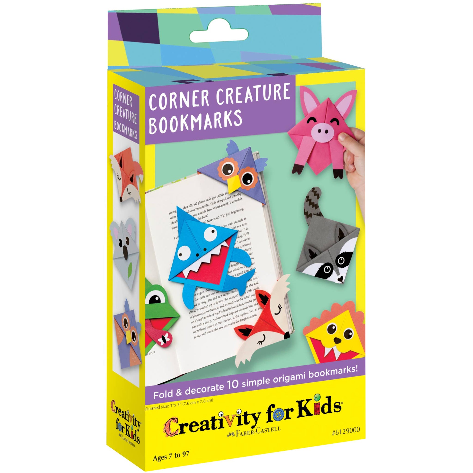 Box of corner creature bookmarks with colorful designs on a white background