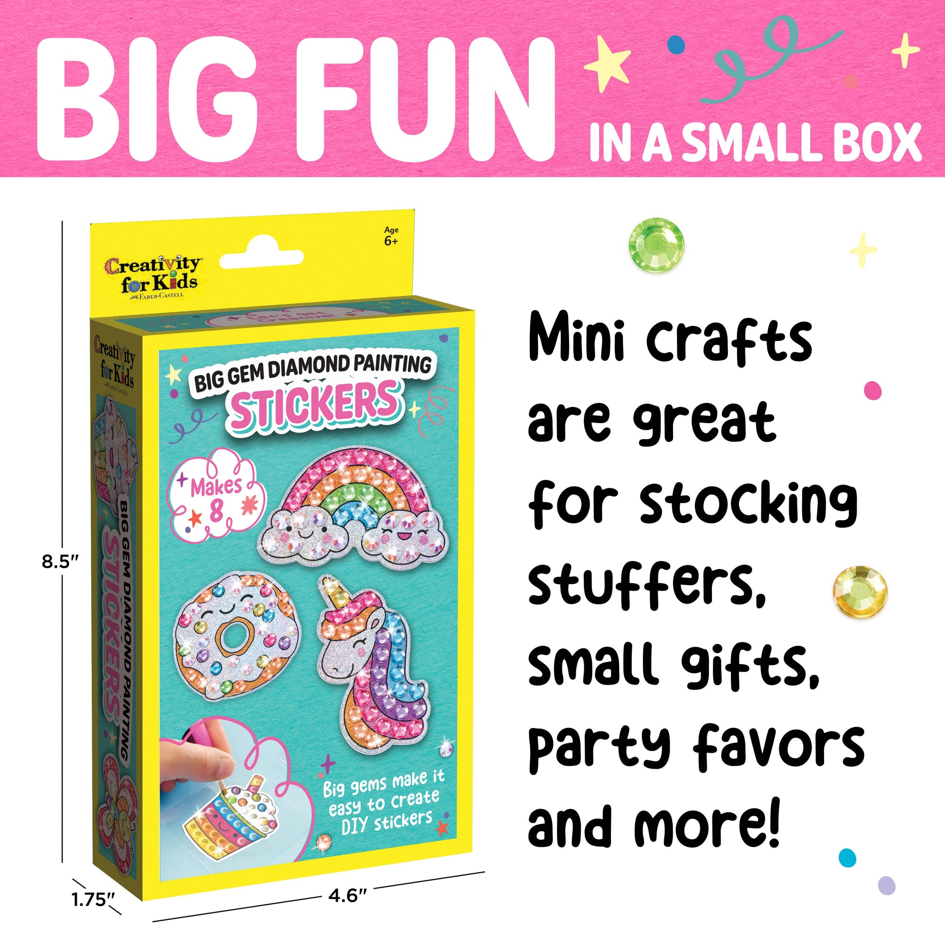 Box of mini crafts with stickers featuring a rainbow and unicorn design, on a pink background with text 'Big Fun in a Small Box'.