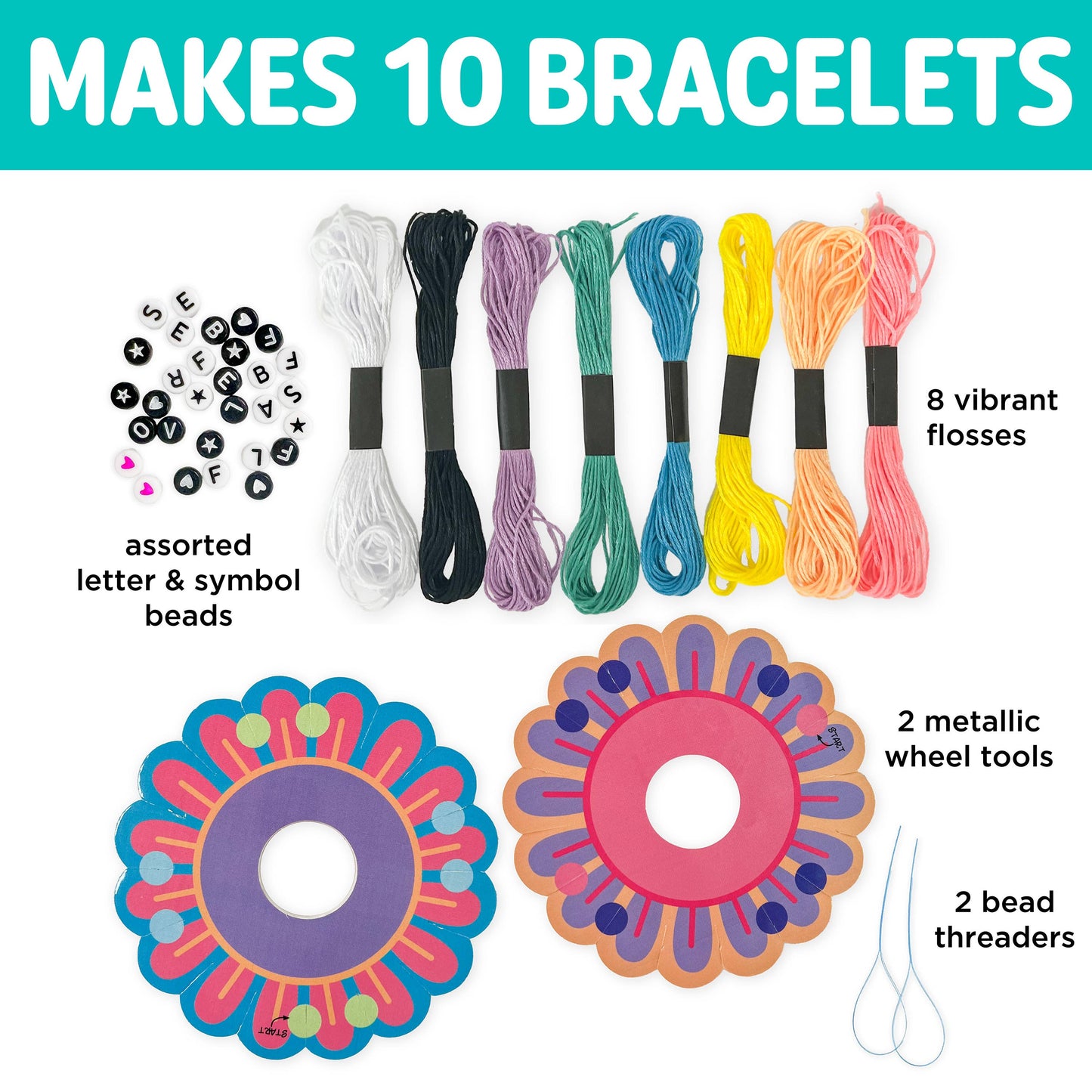Bracelet-making kit with colorful floss, beads, and tools on a white background
