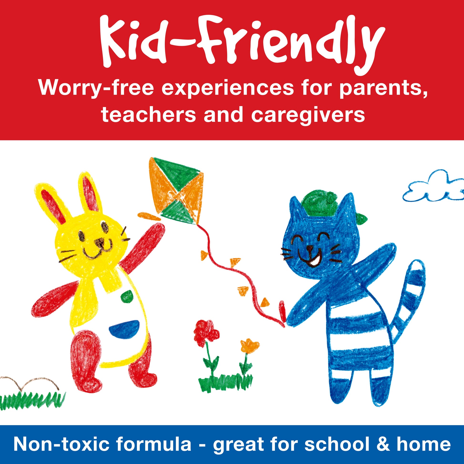 Cartoon characters with a kite on a red and blue background, promoting 'Kid-Friendly' products. 1