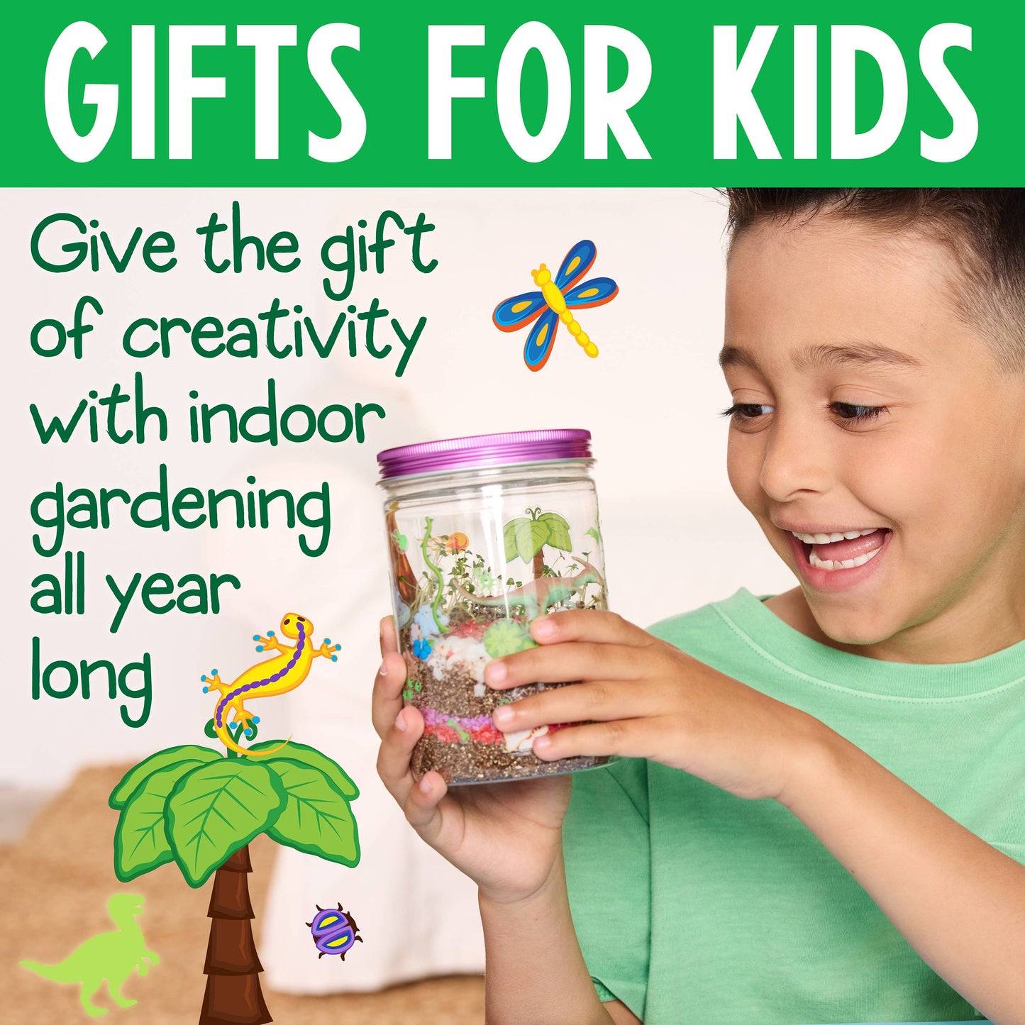 Child holding a jar with an indoor garden, surrounded by gardening-themed illustrations and text about gifts for kids.