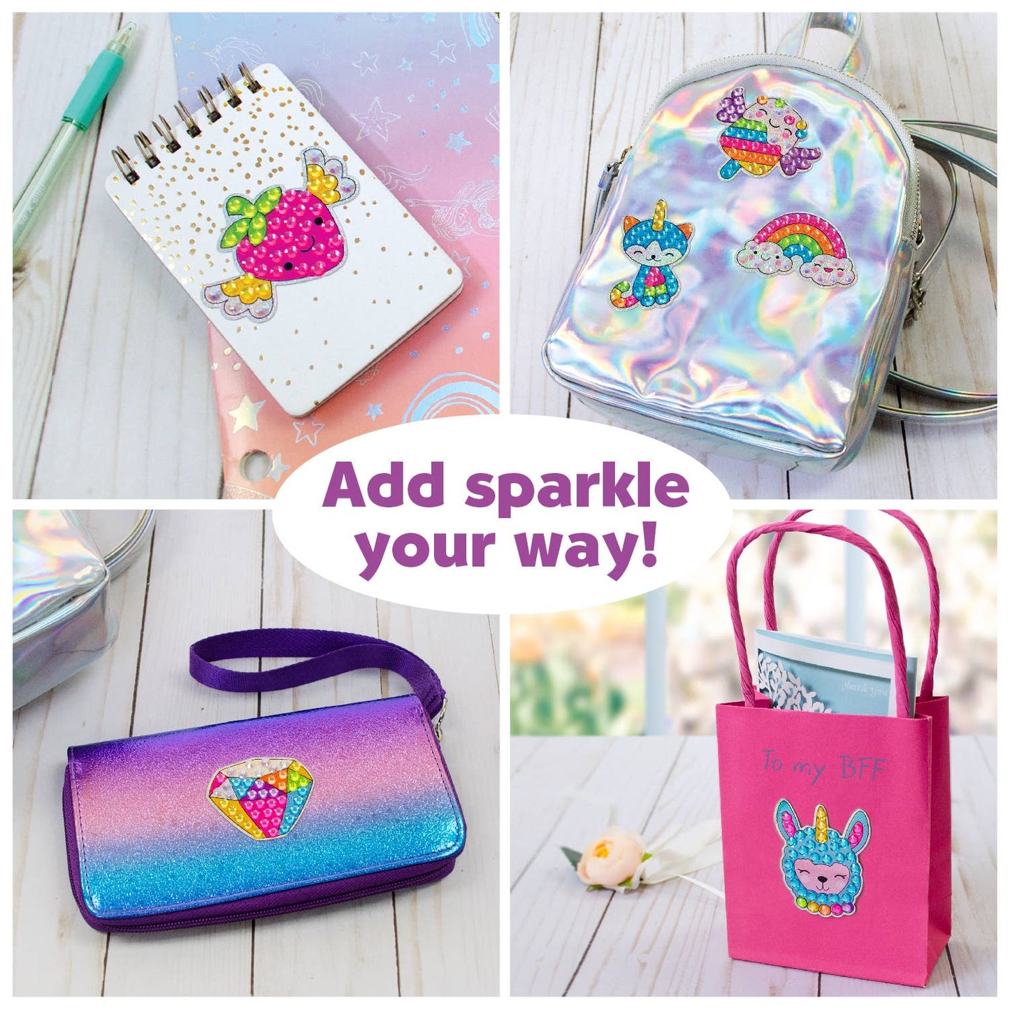 Collage of colorful accessories with text 'Add sparkle your way!' on a wooden surface.