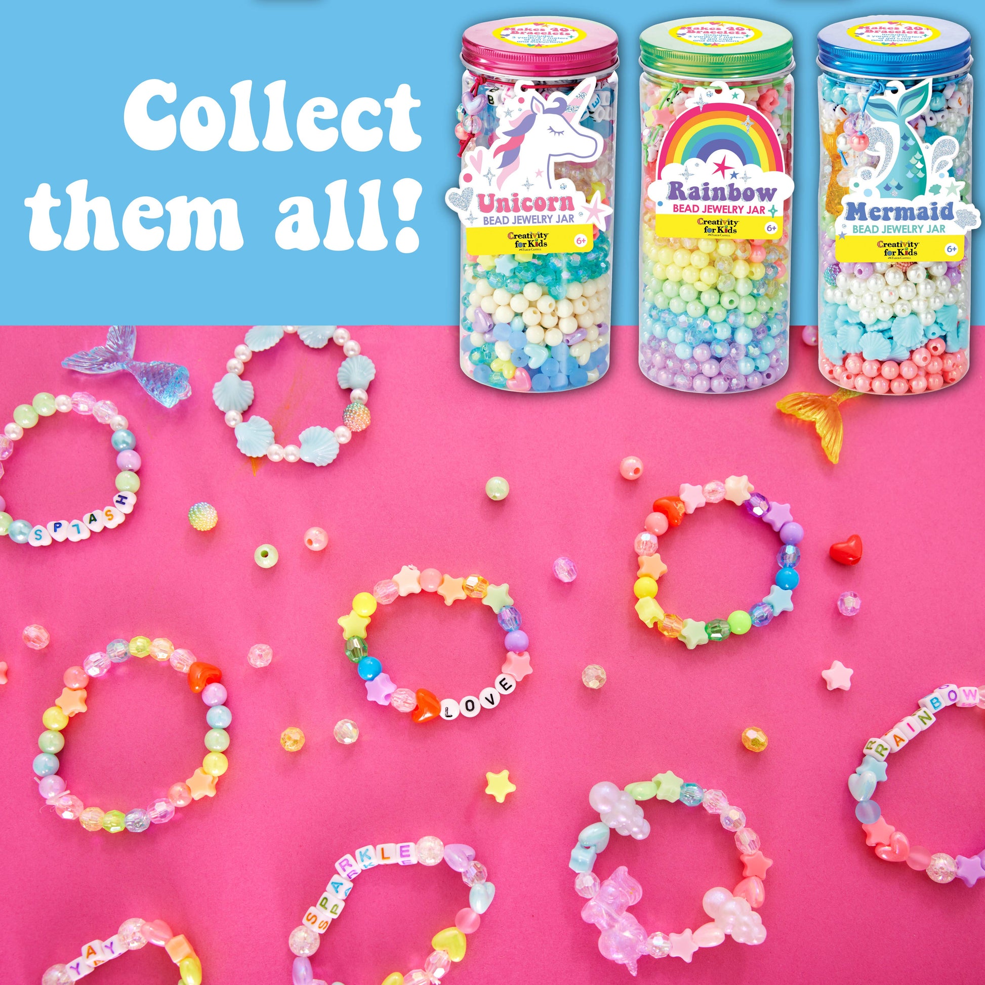 Colorful beaded bracelets and jars on a pink background with text 'Collect them all!'.