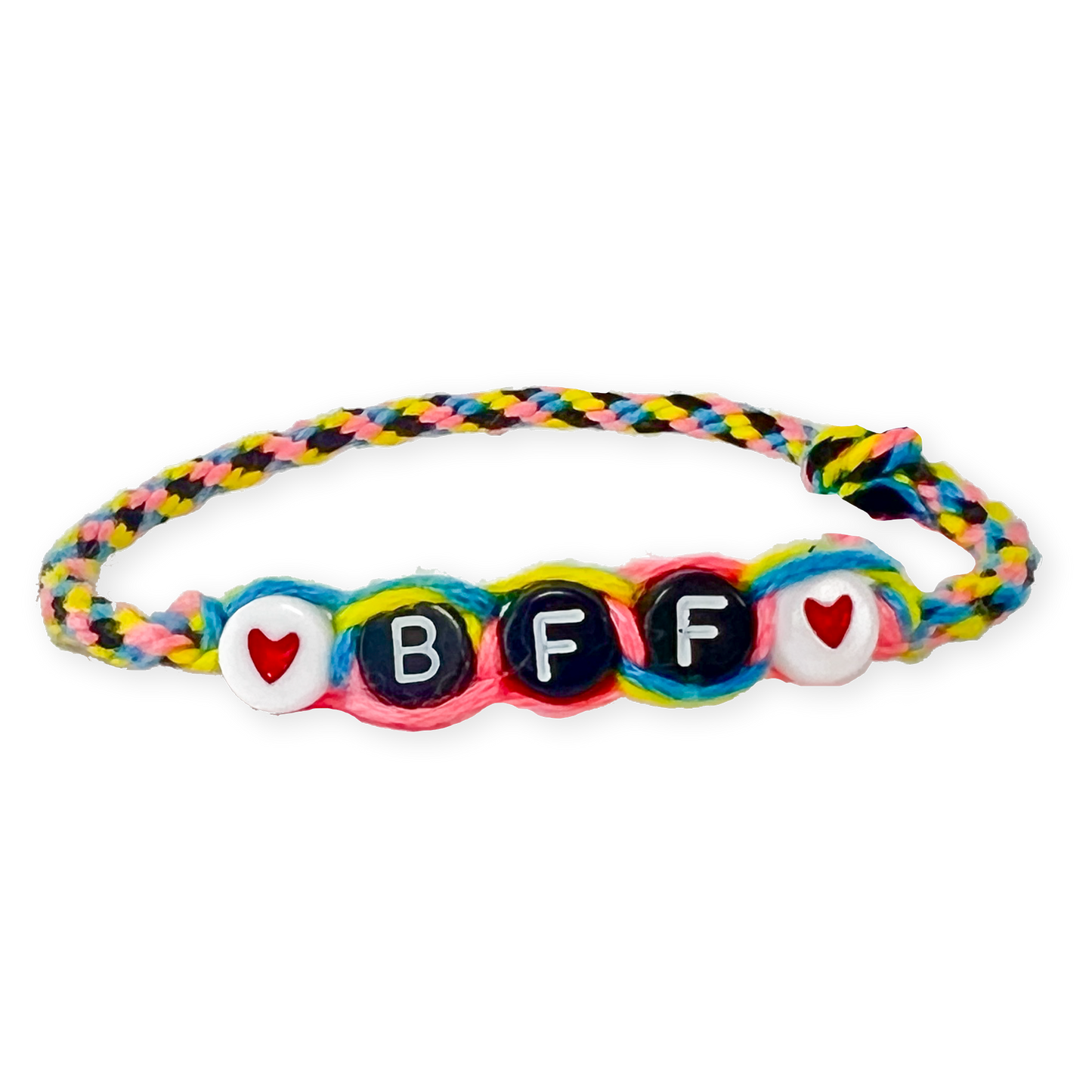 Colorful braided bracelet with 'BFF' beads on a white background