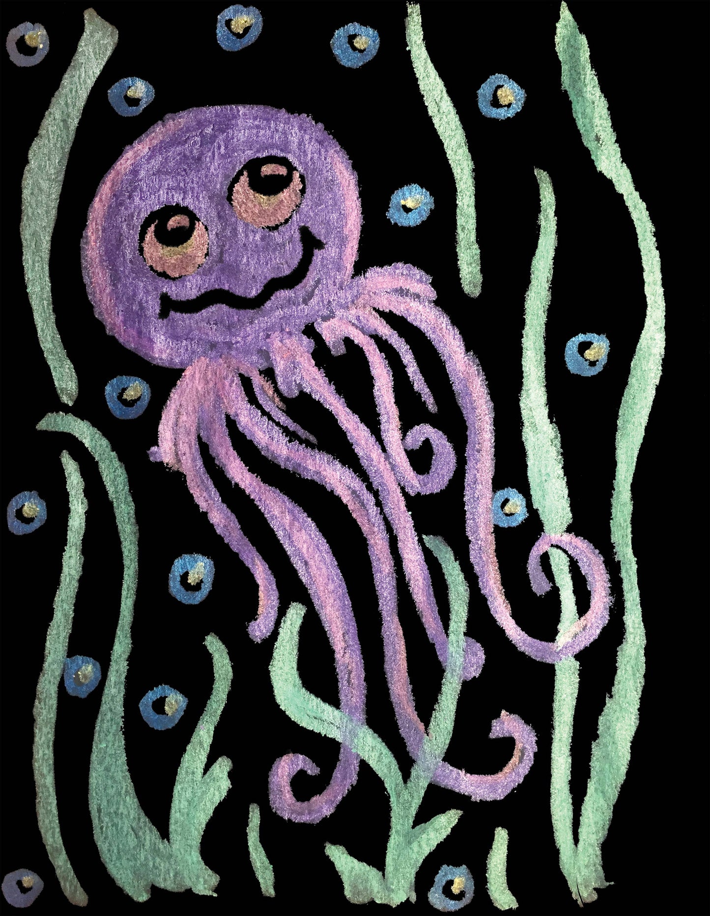 Colorful jellyfish illustration with underwater plants on a black background