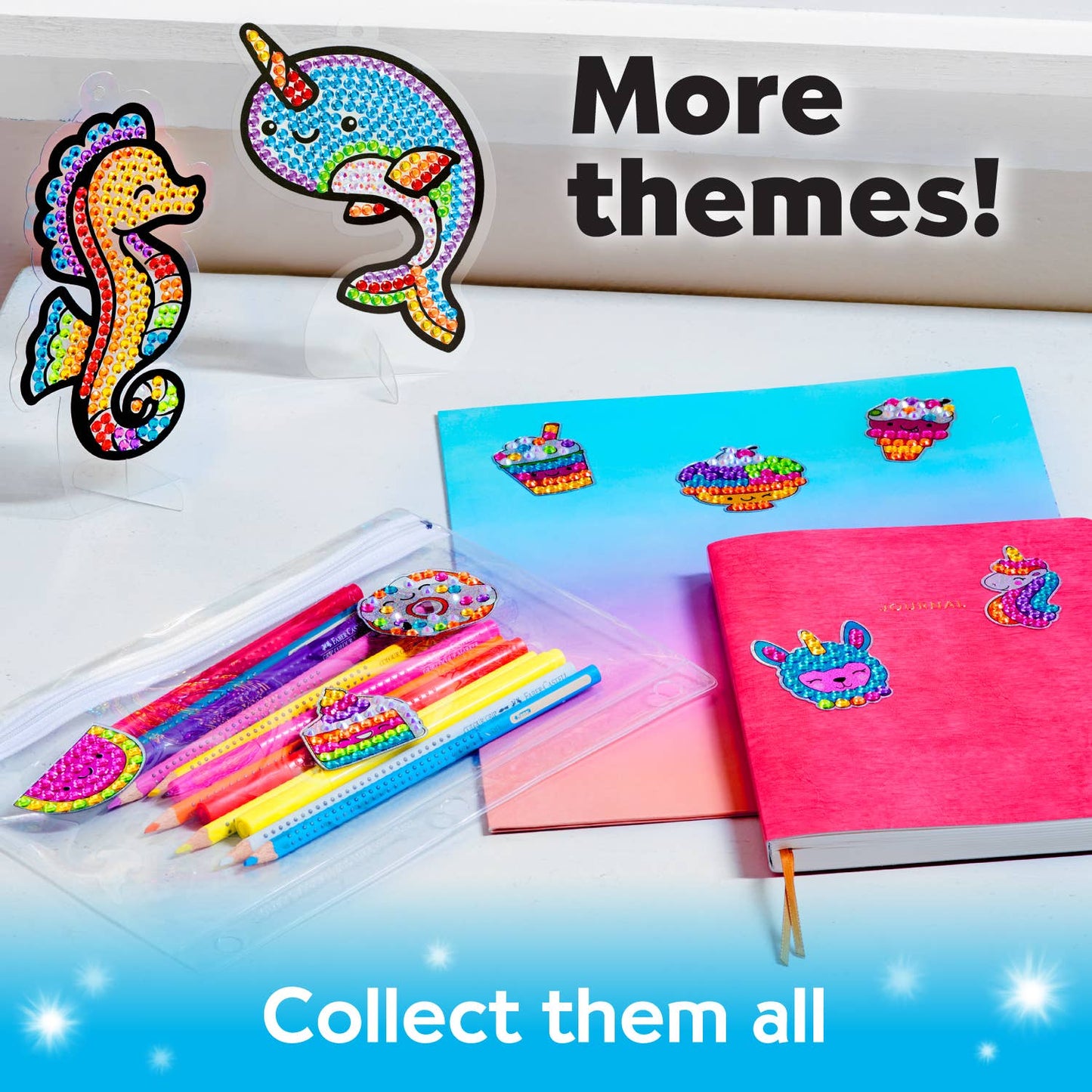 Colorful stationery items with decorative elements on a white surface, including pens, pencils, and notebooks.