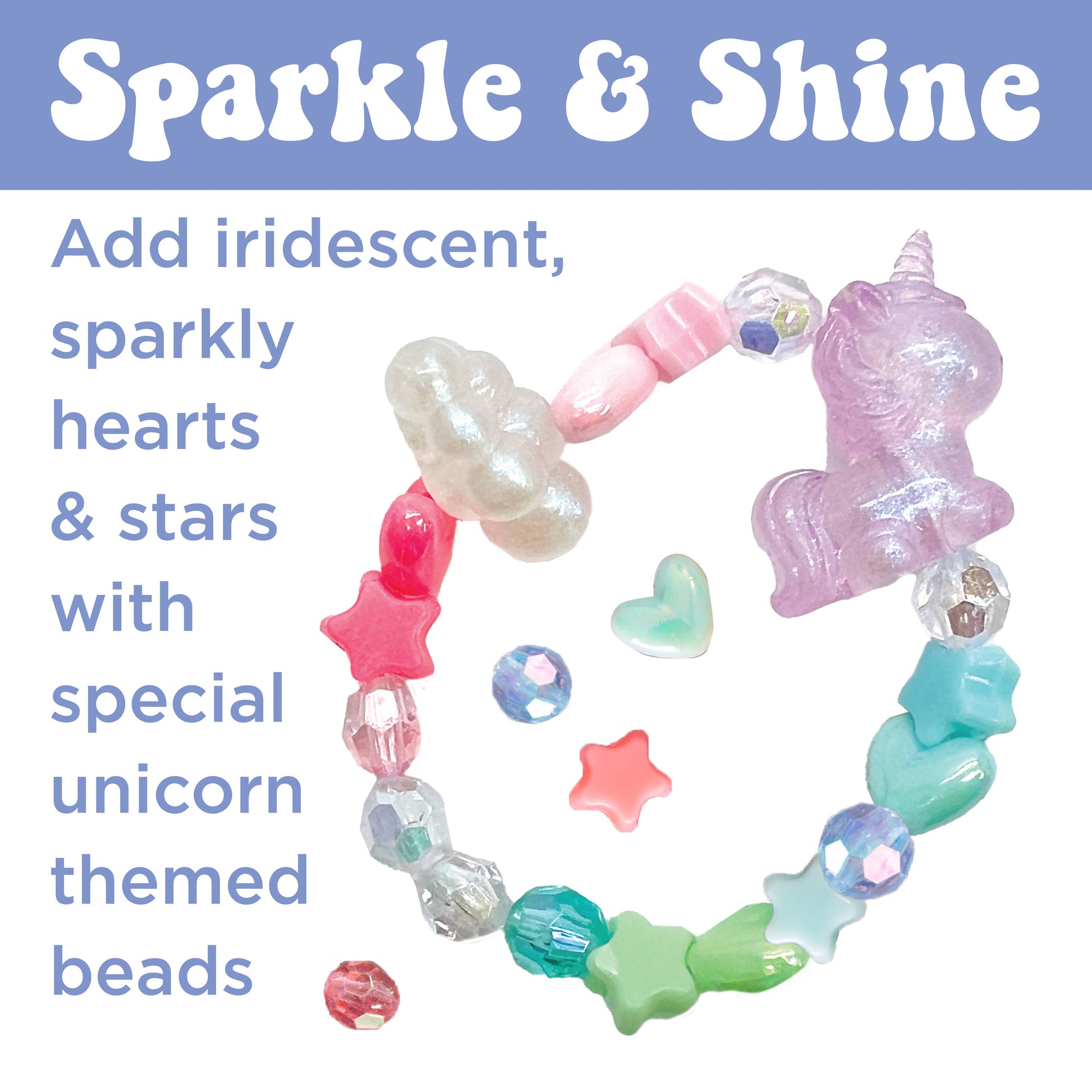Colorful unicorn-themed bead bracelet with text on a blue background