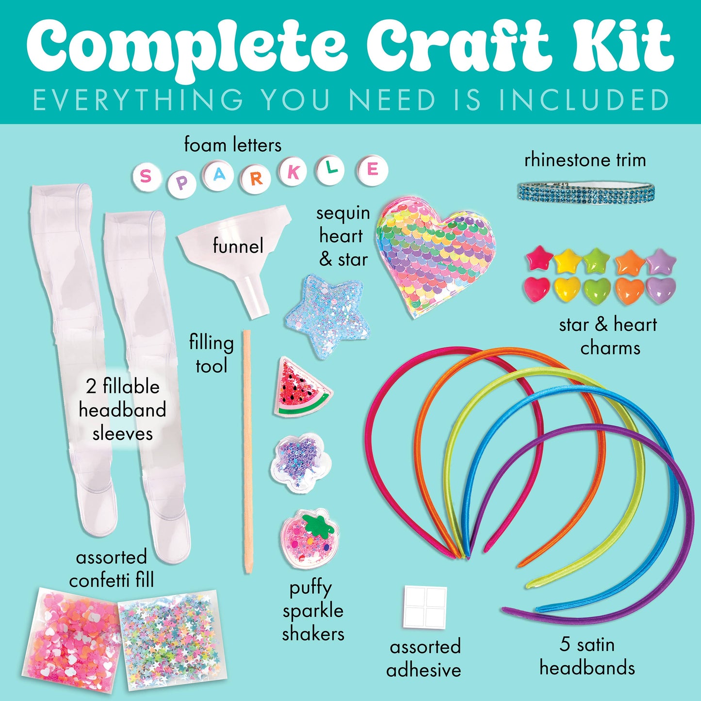 Complete craft kit with various items on a blue background
