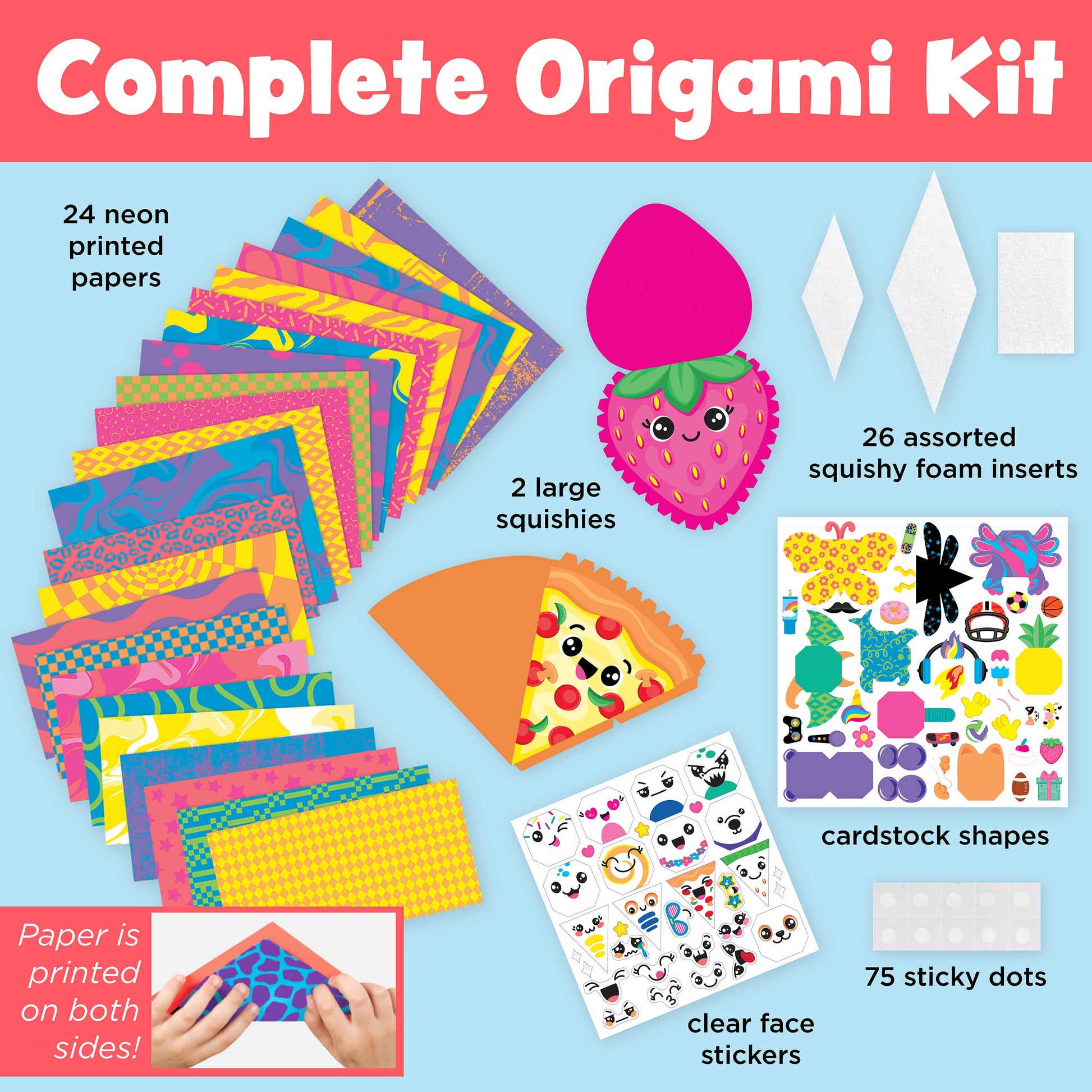 Complete origami kit with colorful papers, squishies, foam inserts, and stickers on a blue background.