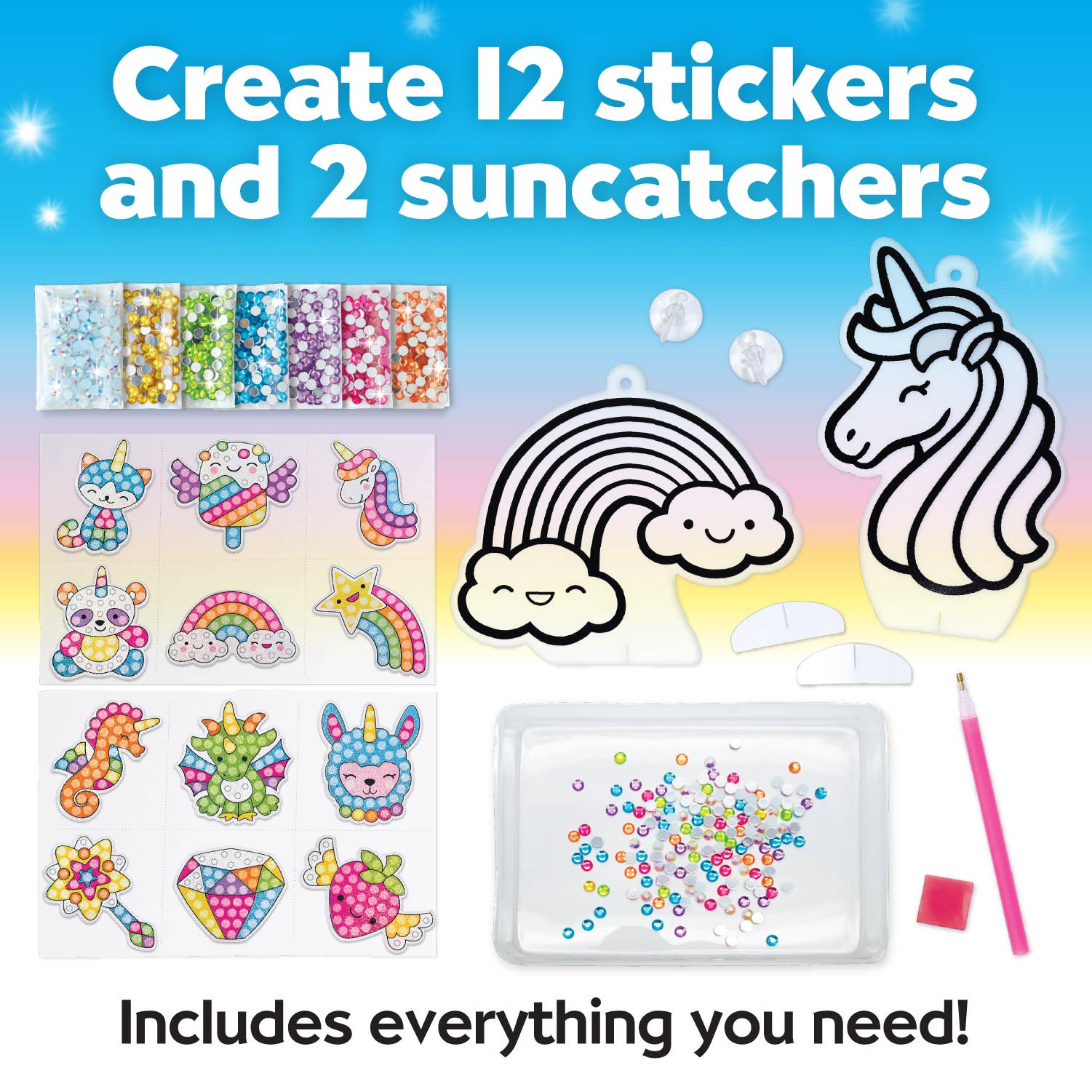Craft kit with stickers, suncatchers, and materials on a colorful background