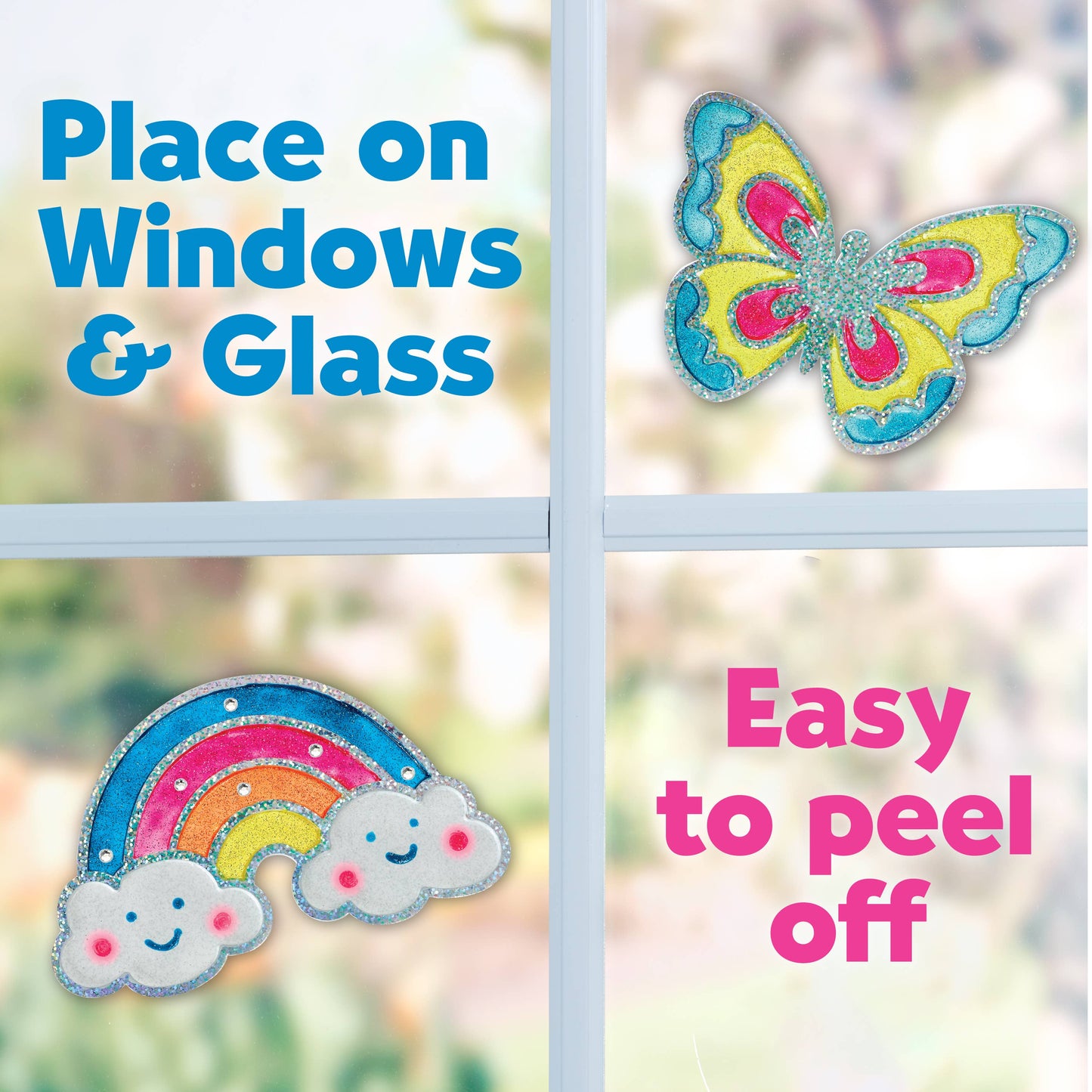 Decorative stickers shaped like a butterfly and rainbow with clouds on a window.