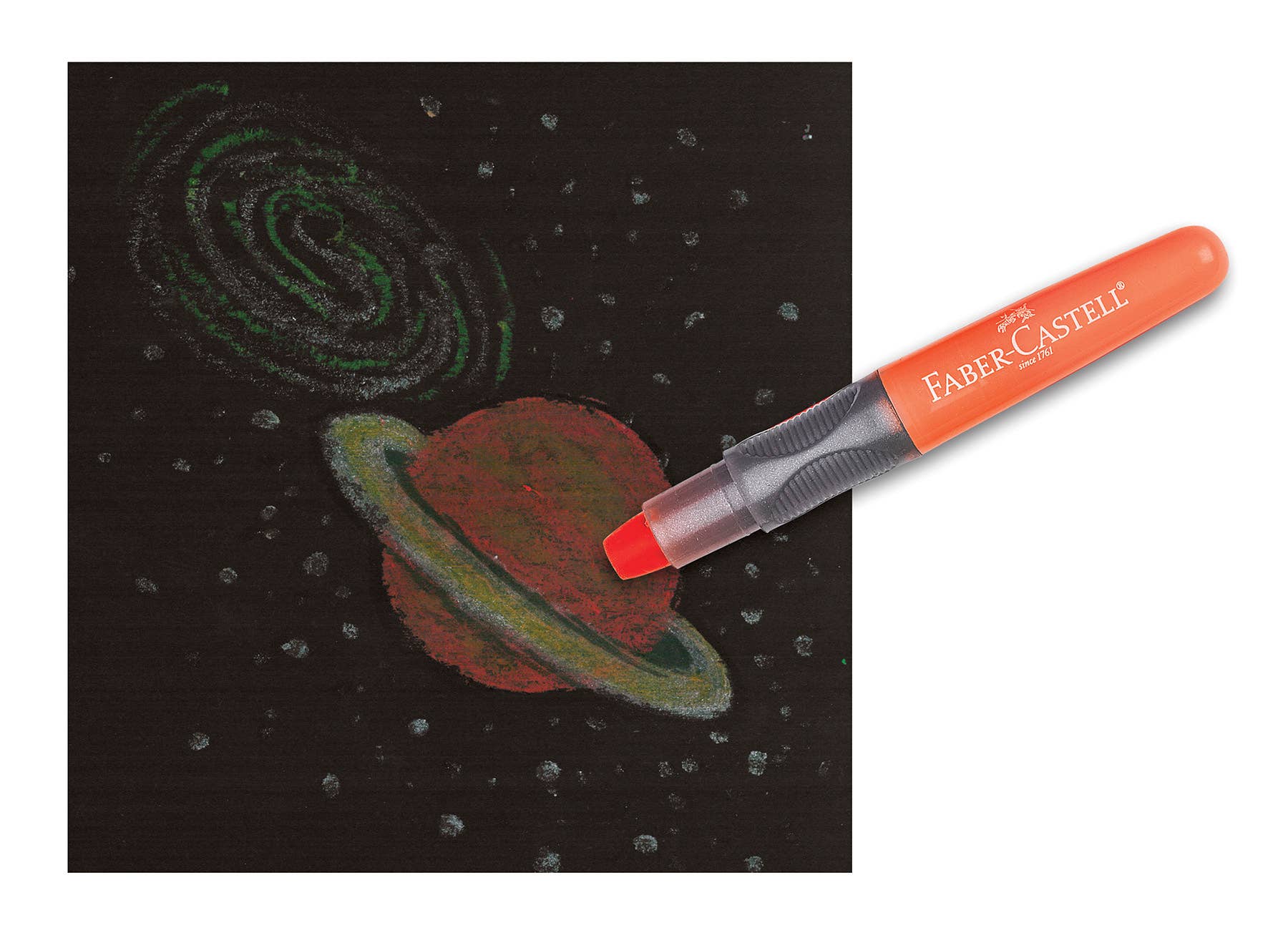 Faber-Castell chalk with a drawing of Saturn on a blackboard
