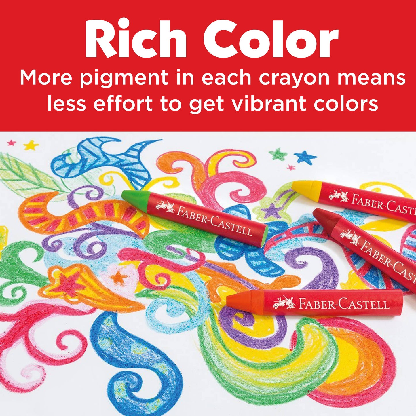 Faber-Castell crayons with colorful artwork on a red background