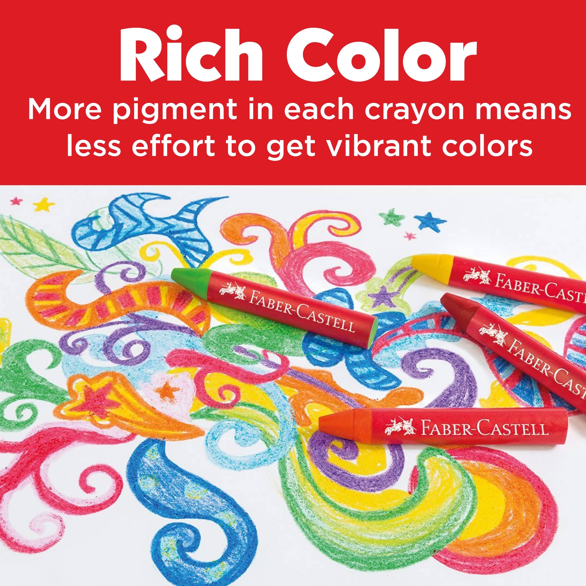 Faber-Castell crayons with colorful artwork on a red background