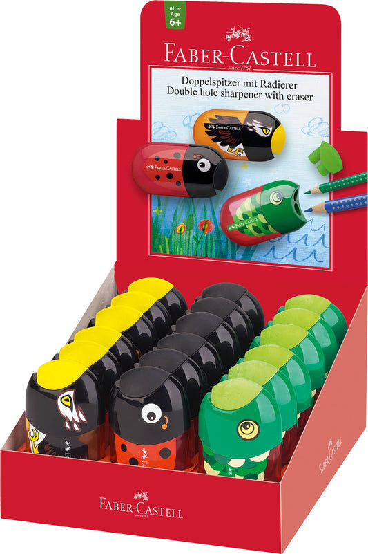 Faber-Castell double-hole sharpeners with erasers in colorful packaging