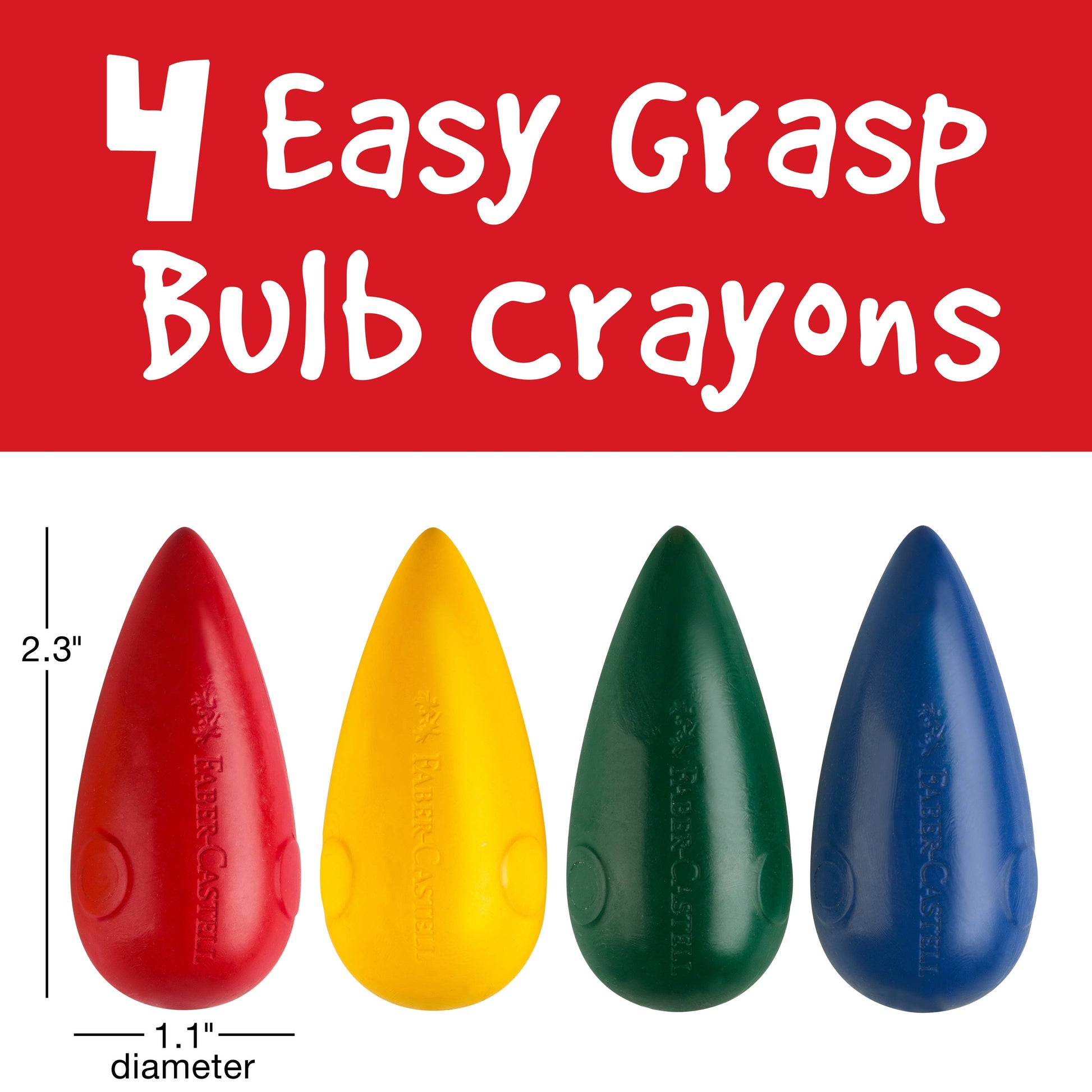 Four easy grasp bulb crayons in red, yellow, green, and blue on a white background with text indicating '4 Easy Grasp Bulb Crayons'.