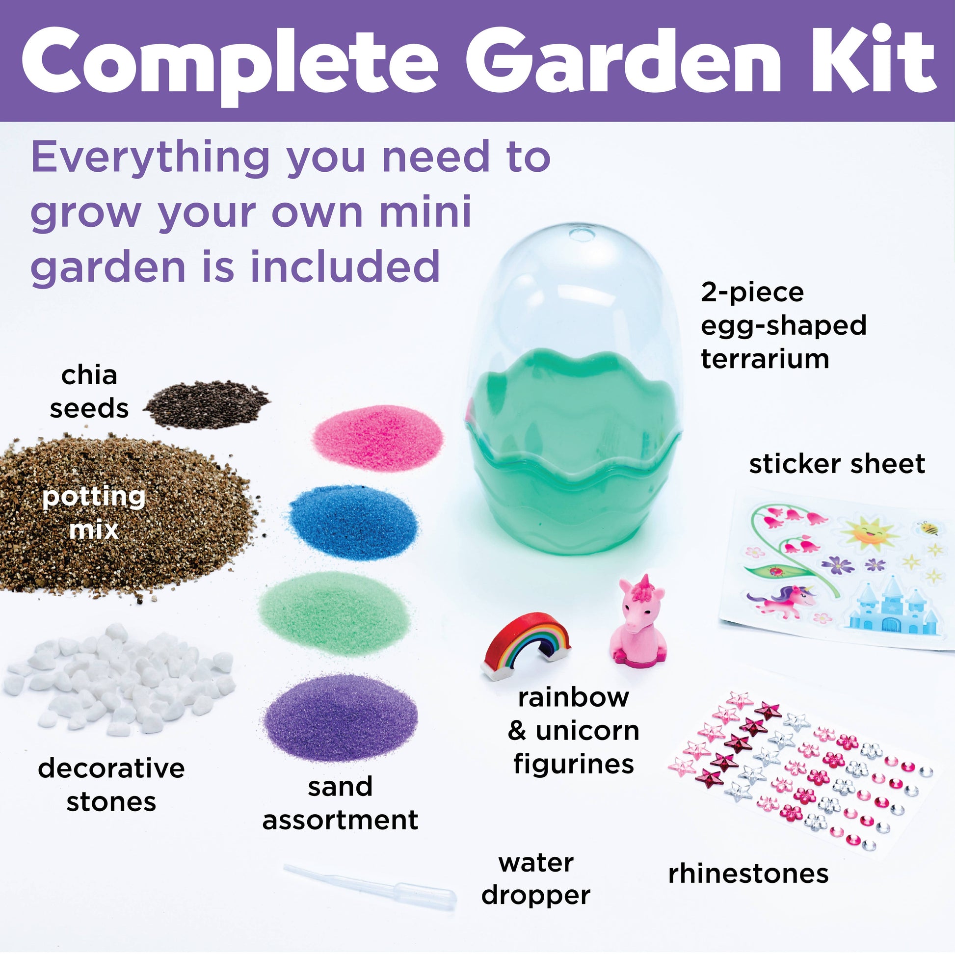 Garden kit with chia seeds, potting mix, sand, stones, and decorative items on a white background.