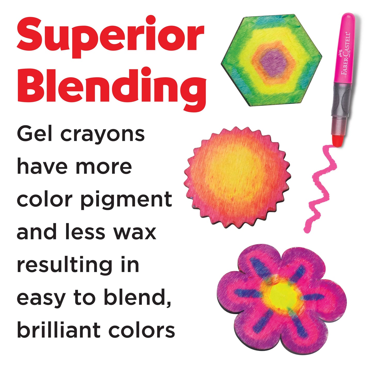 Gel crayons with text highlighting superior blending and color quality.