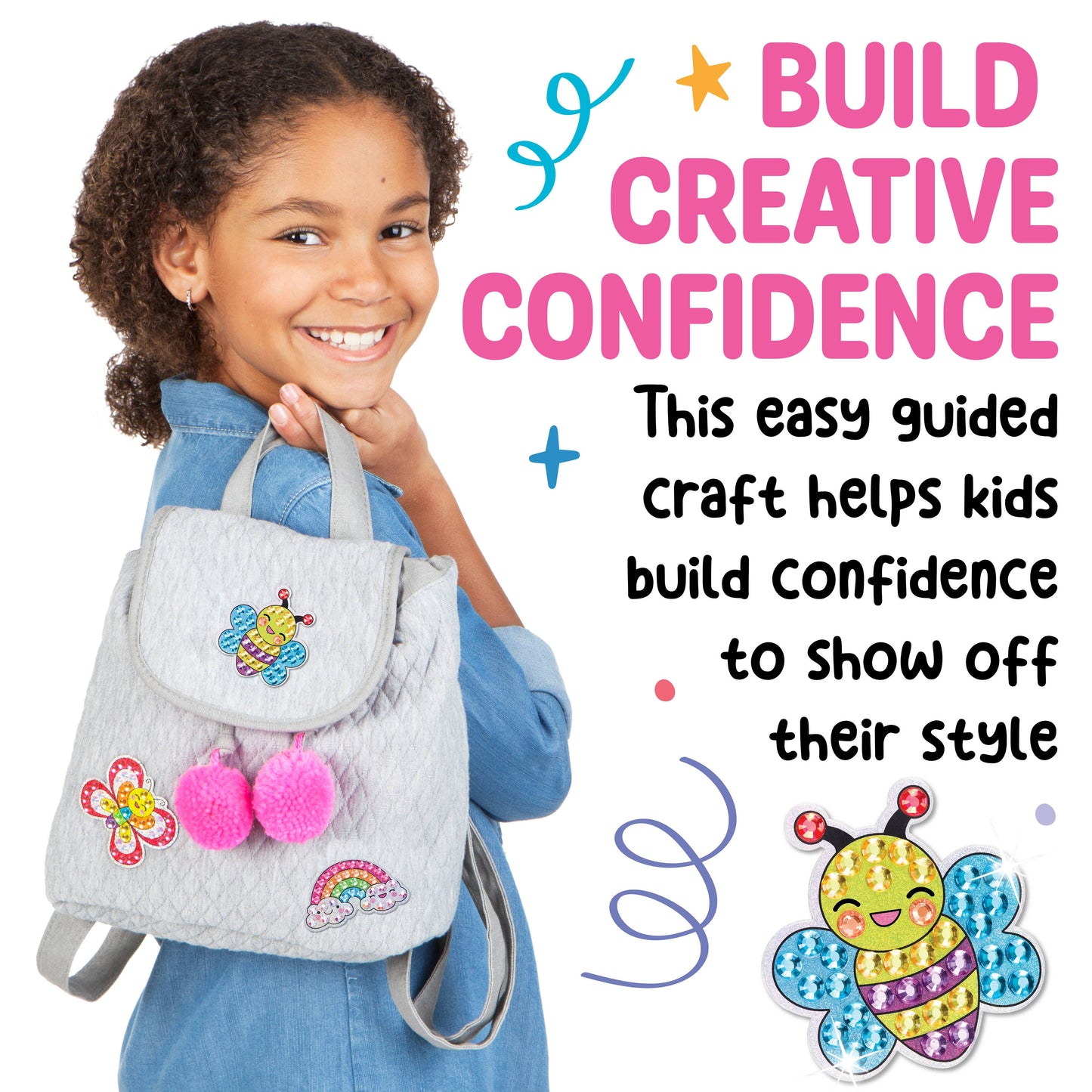 Girl holding a craft bag with decorative elements and text about building creative confidence.