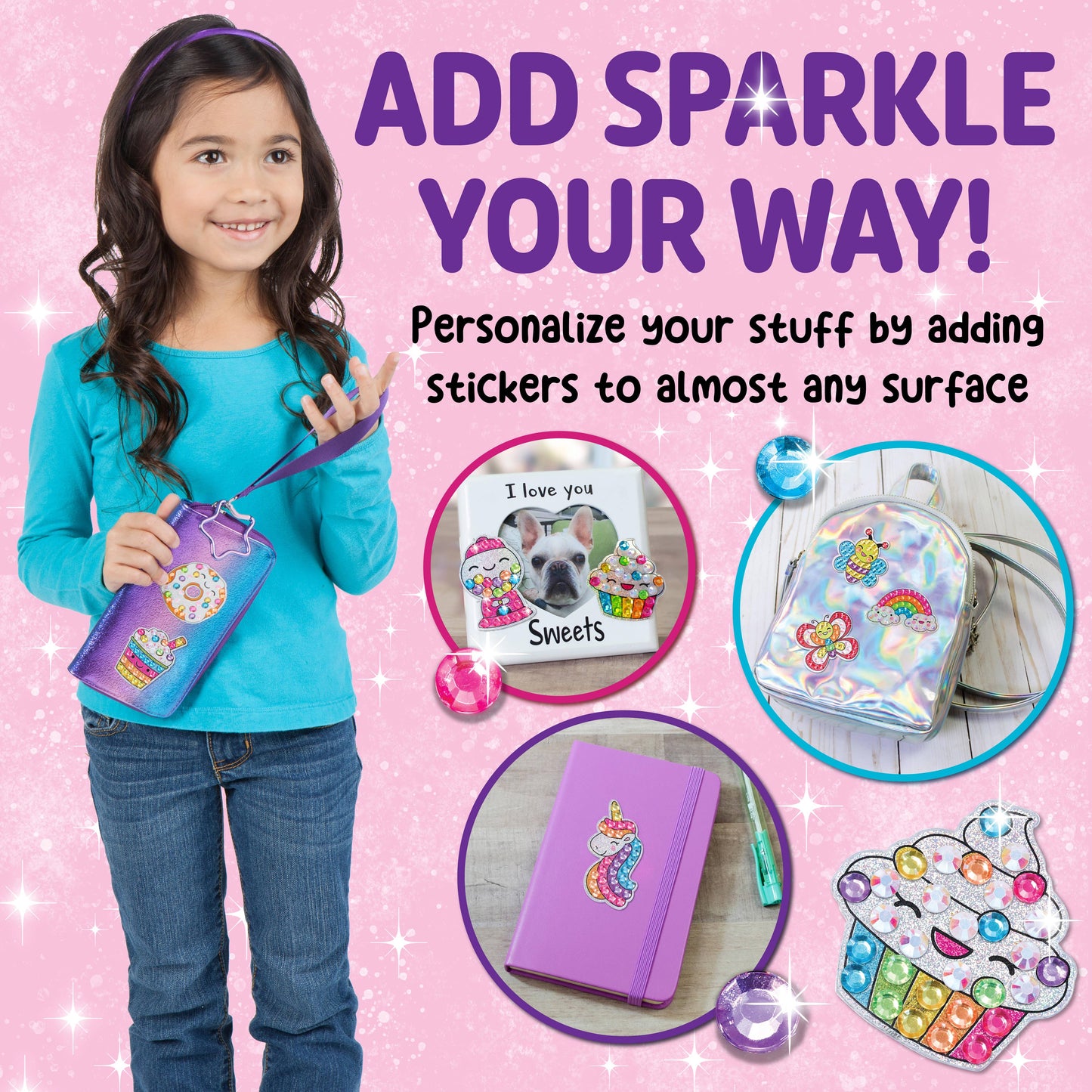Girl holding a purple pouch with decorative stickers, surrounded by images of personalized items on a pink background.
