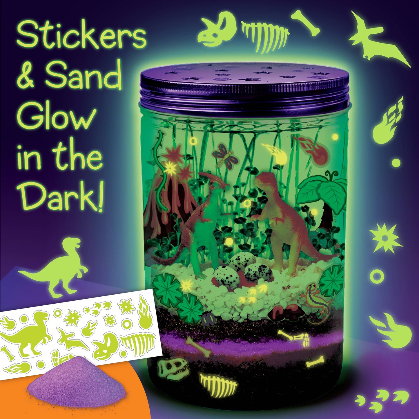 Glow-in-the-dark sand and stickers set with a jar filled with sand and dinosaur figures on a dark background.