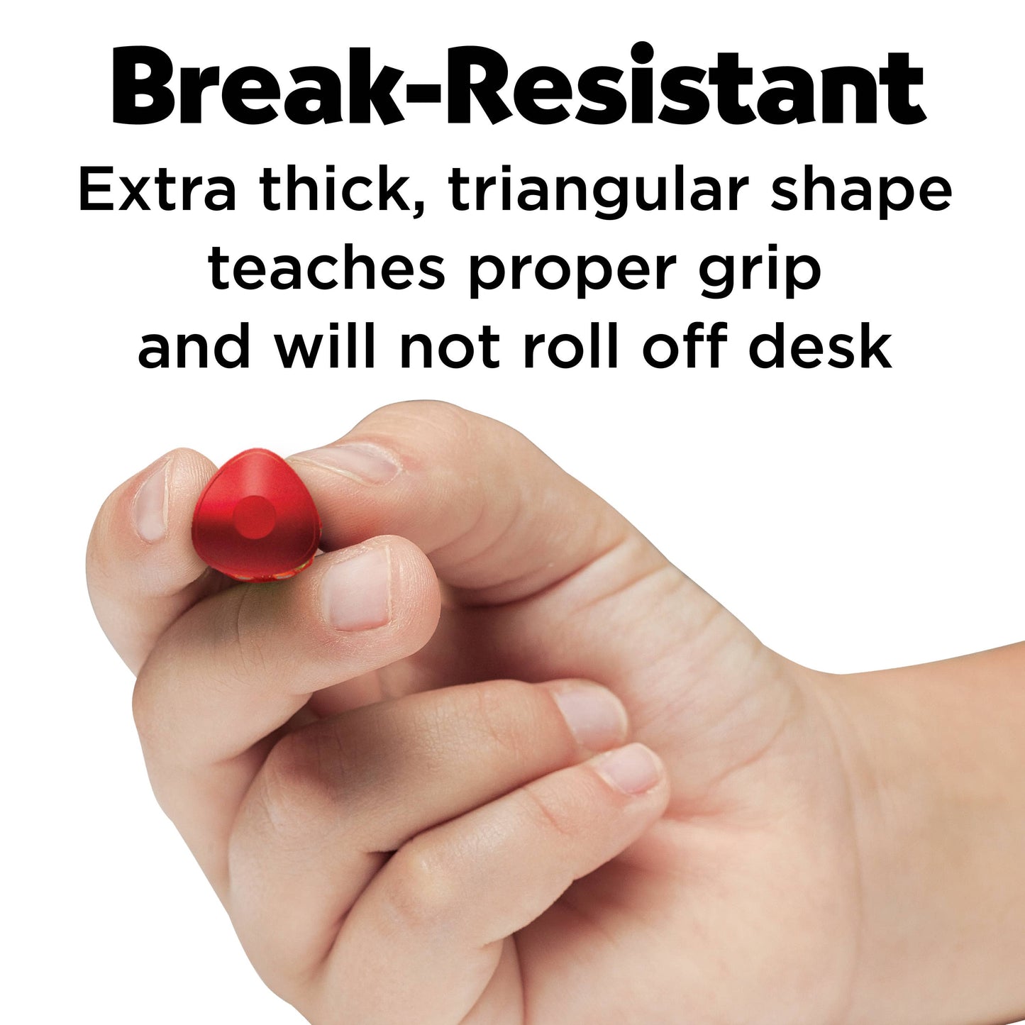 Hand holding a red object with text about break-resistance and grip training.