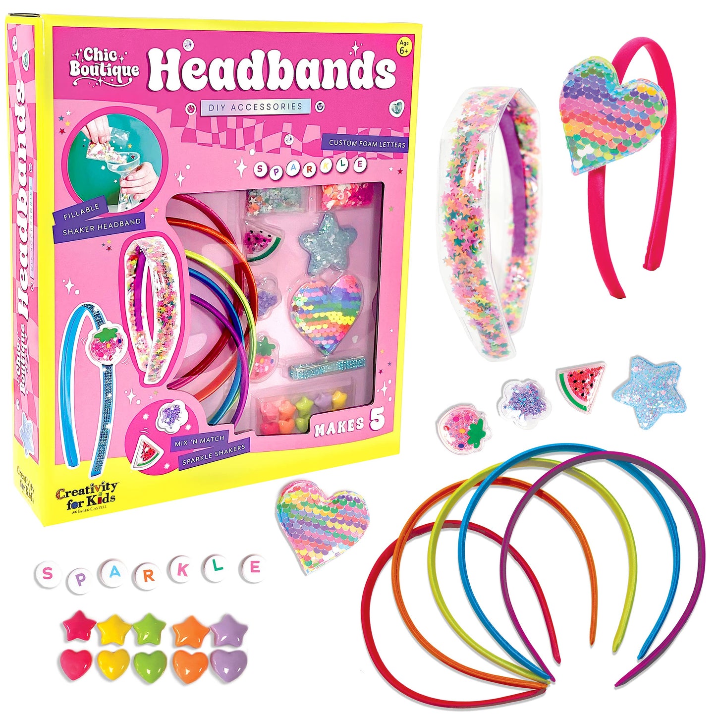 Headbands set with packaging, colorful headbands, and decorative items on a white background