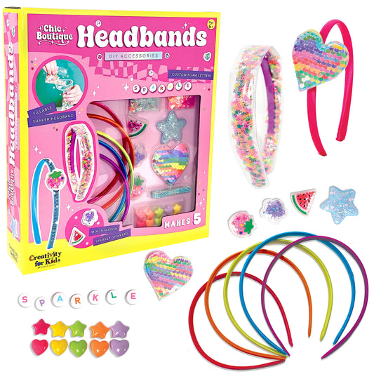 Headbands set with packaging, colorful headbands, and decorative items on a white background