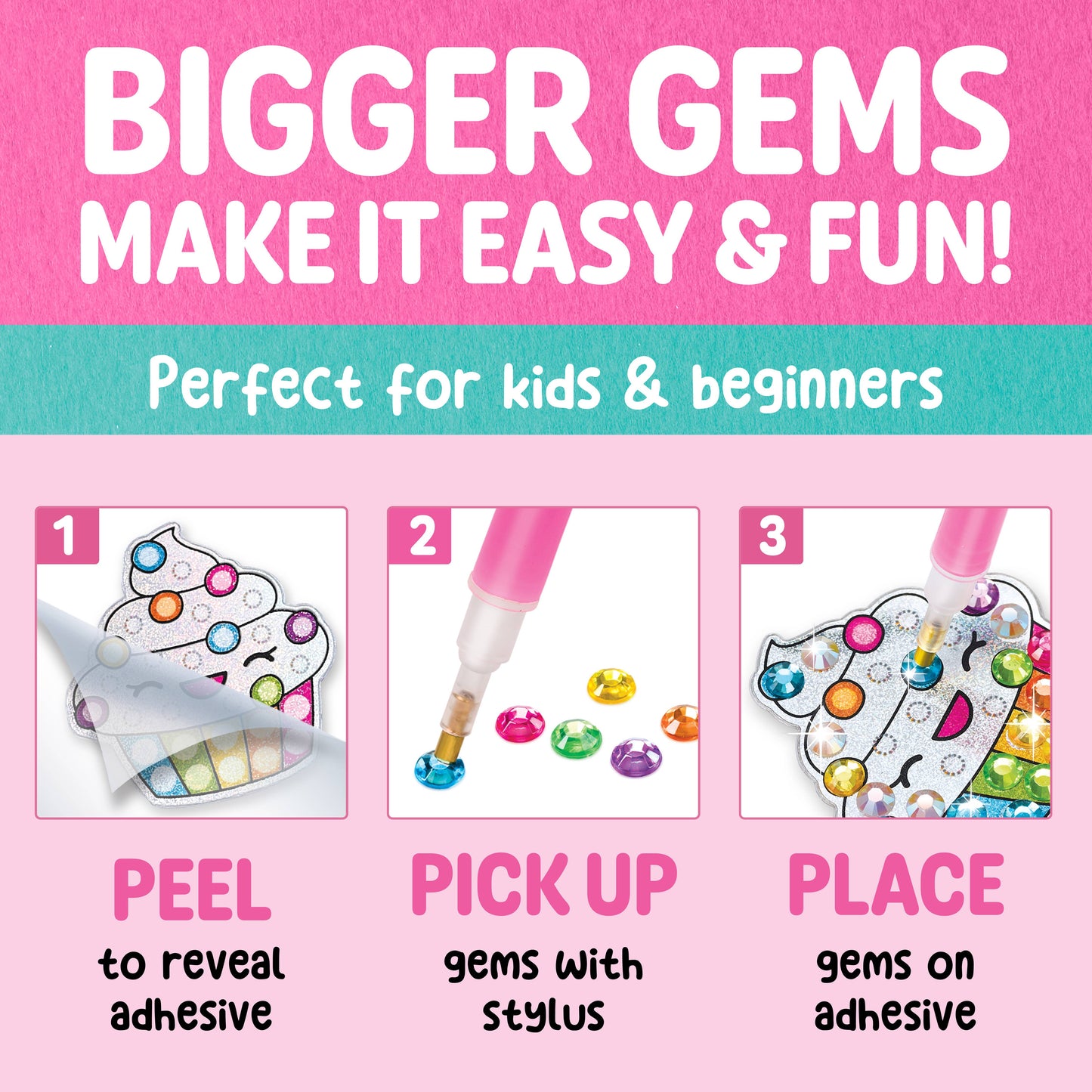 Instructions for a craft activity with 'Bigger Gems' on a pink background