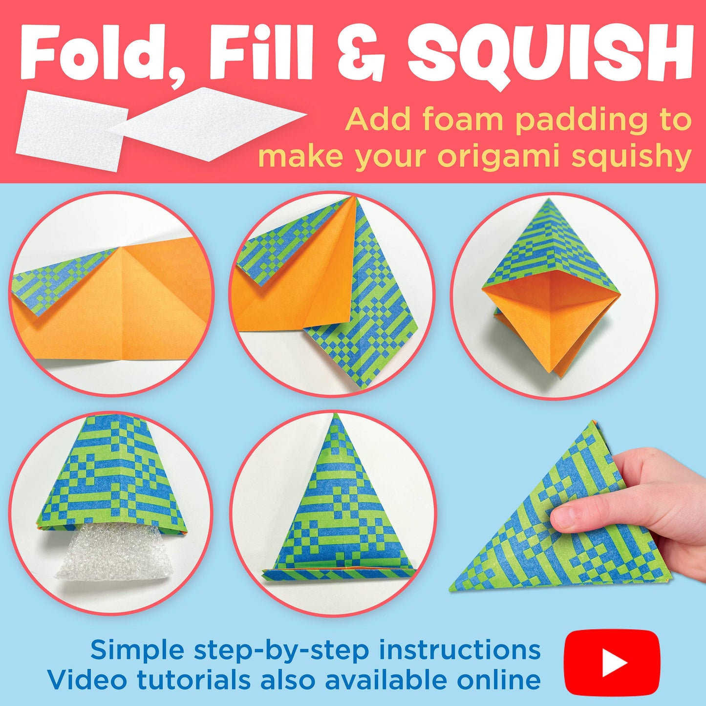Instructions for making origami squishy with foam padding, featuring step-by-step process and a hand holding a finished product.