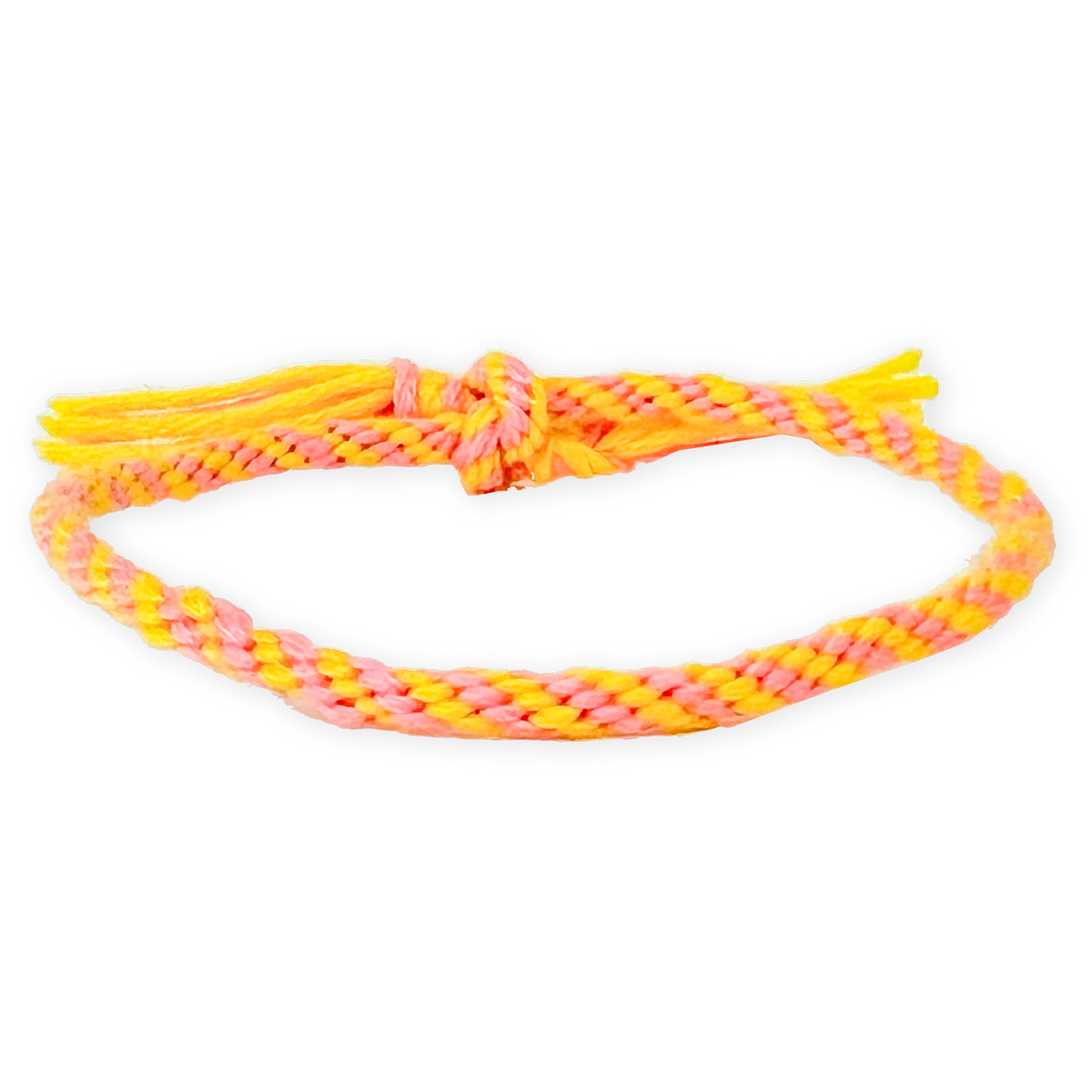 Neon pink and yellow braided bracelet on a white background