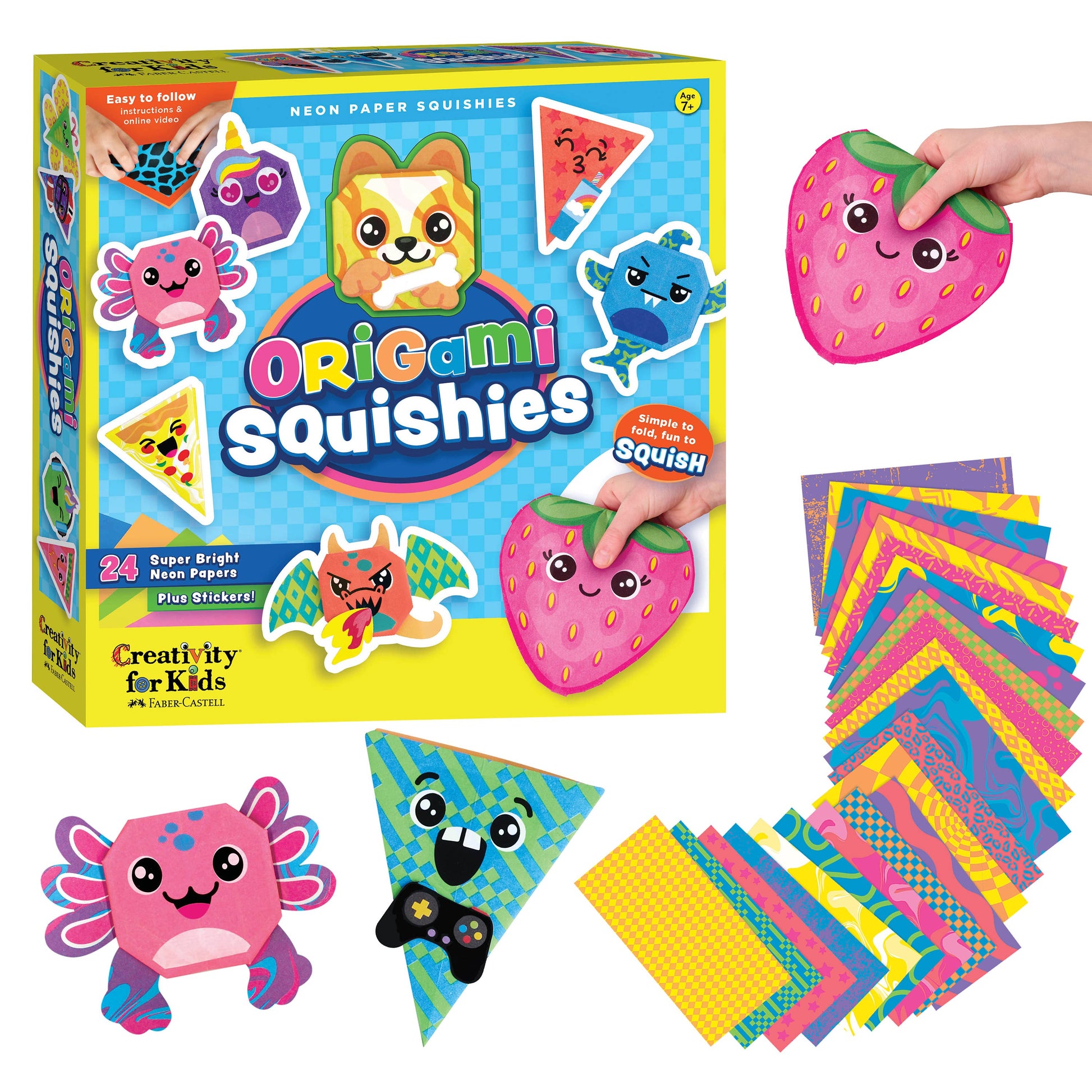 Origami Squishies kit with colorful paper sheets and squishy toys, featuring Creativity for Kids branding.